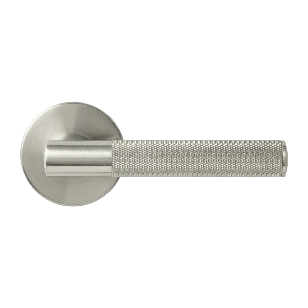 Heirloom quality satin nickel lever handle, knurled for tactile elegance and lasting appeal.