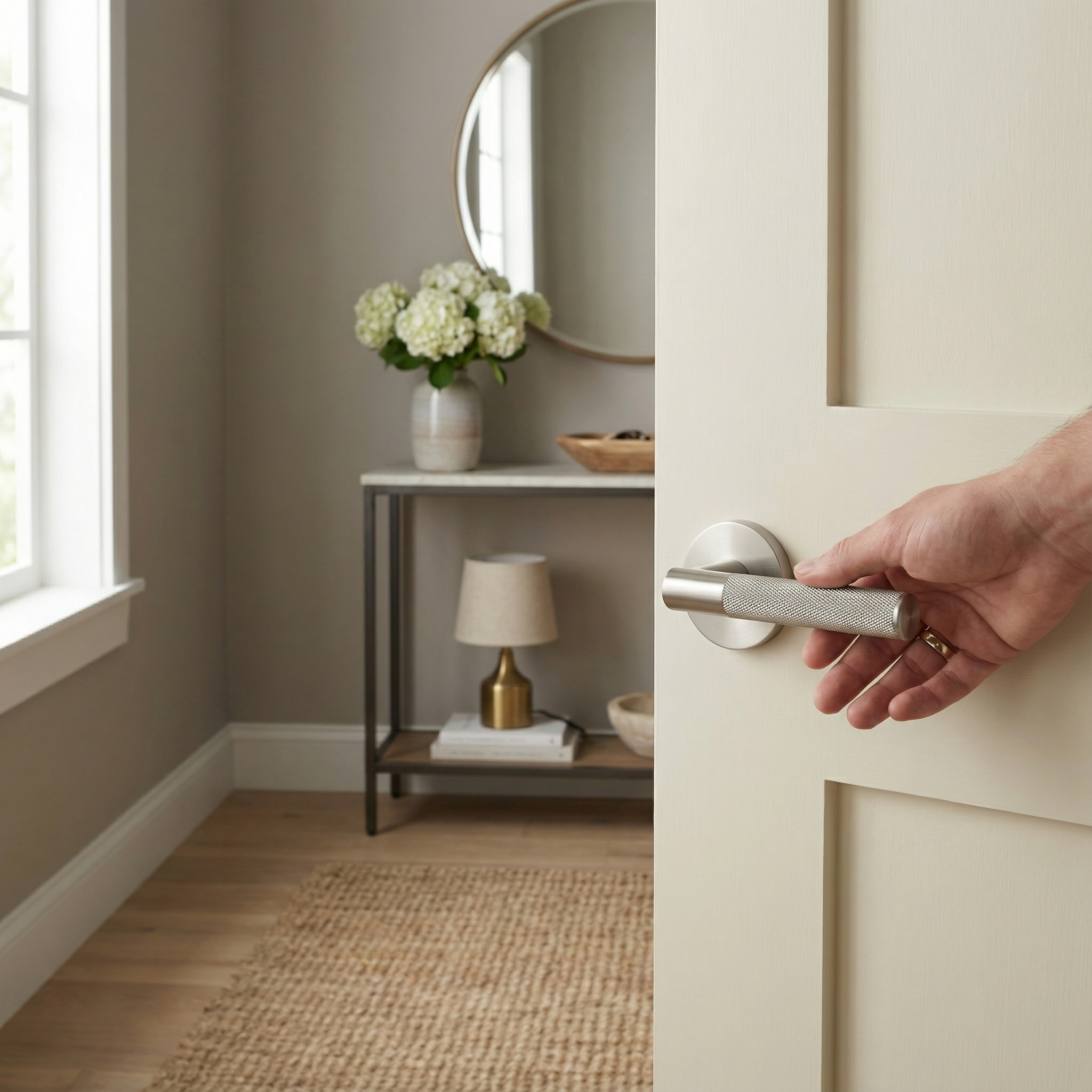 A hand opens a door with a knurled brass interior lever handle, revealing an elegant, neutral-toned hallway with a console table and flowers.