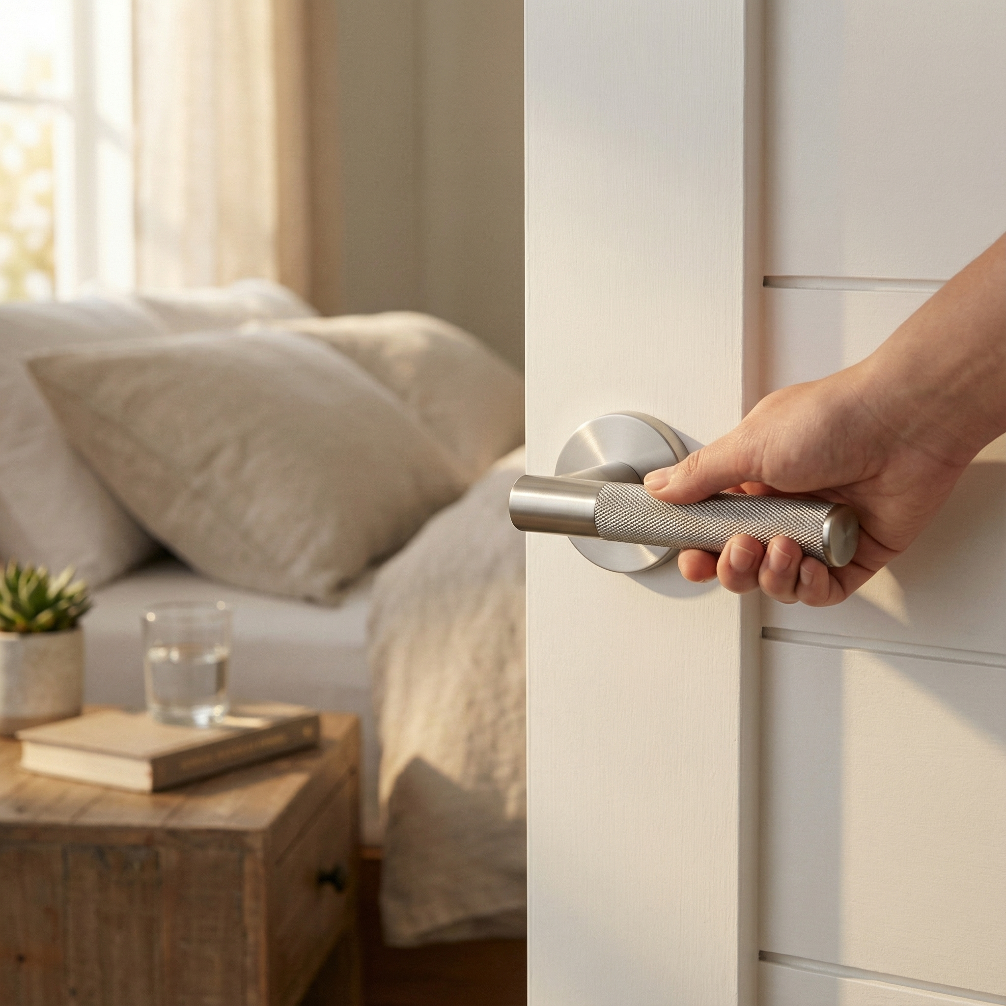Quiet luxury with a knurled satin nickel lever handle opening to a sunlit, elegant bedroom.
