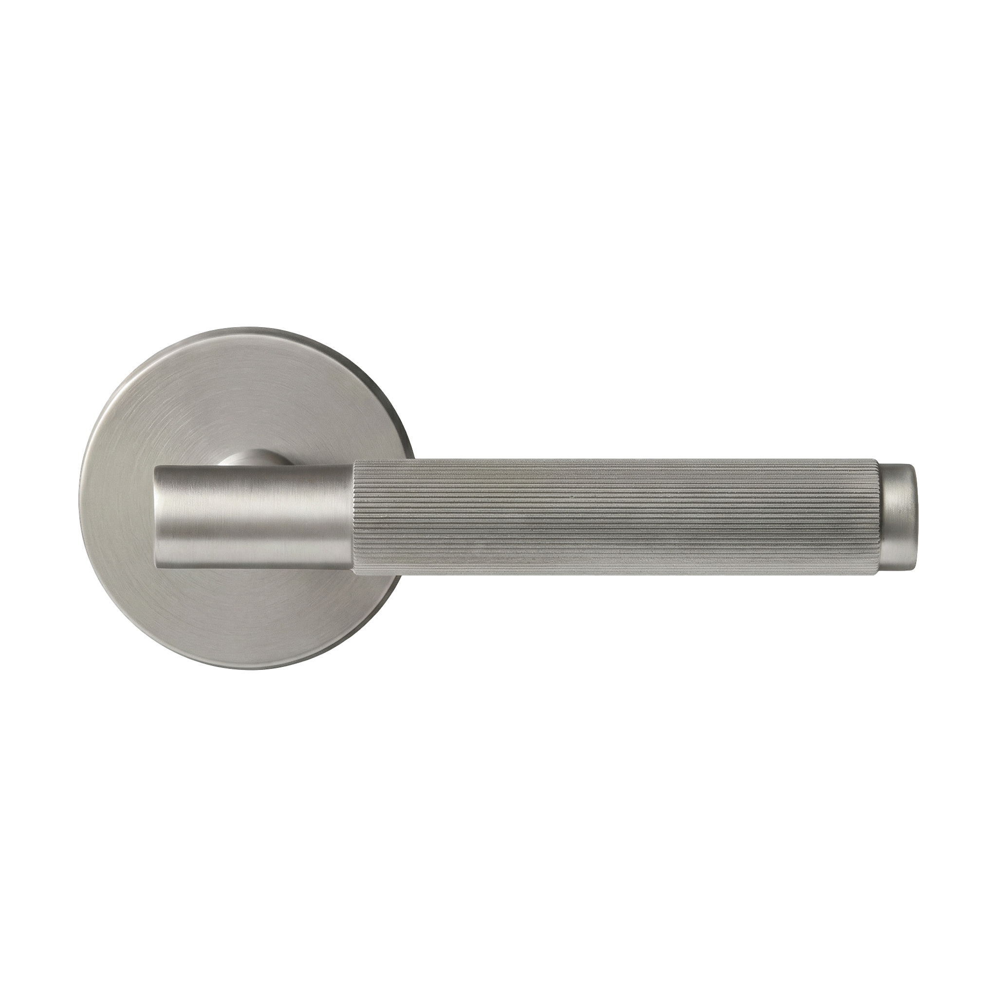 Timeless satin nickel lever handle, with a circular escutcheon and finely fluted grip, reflecting heirloom quality.