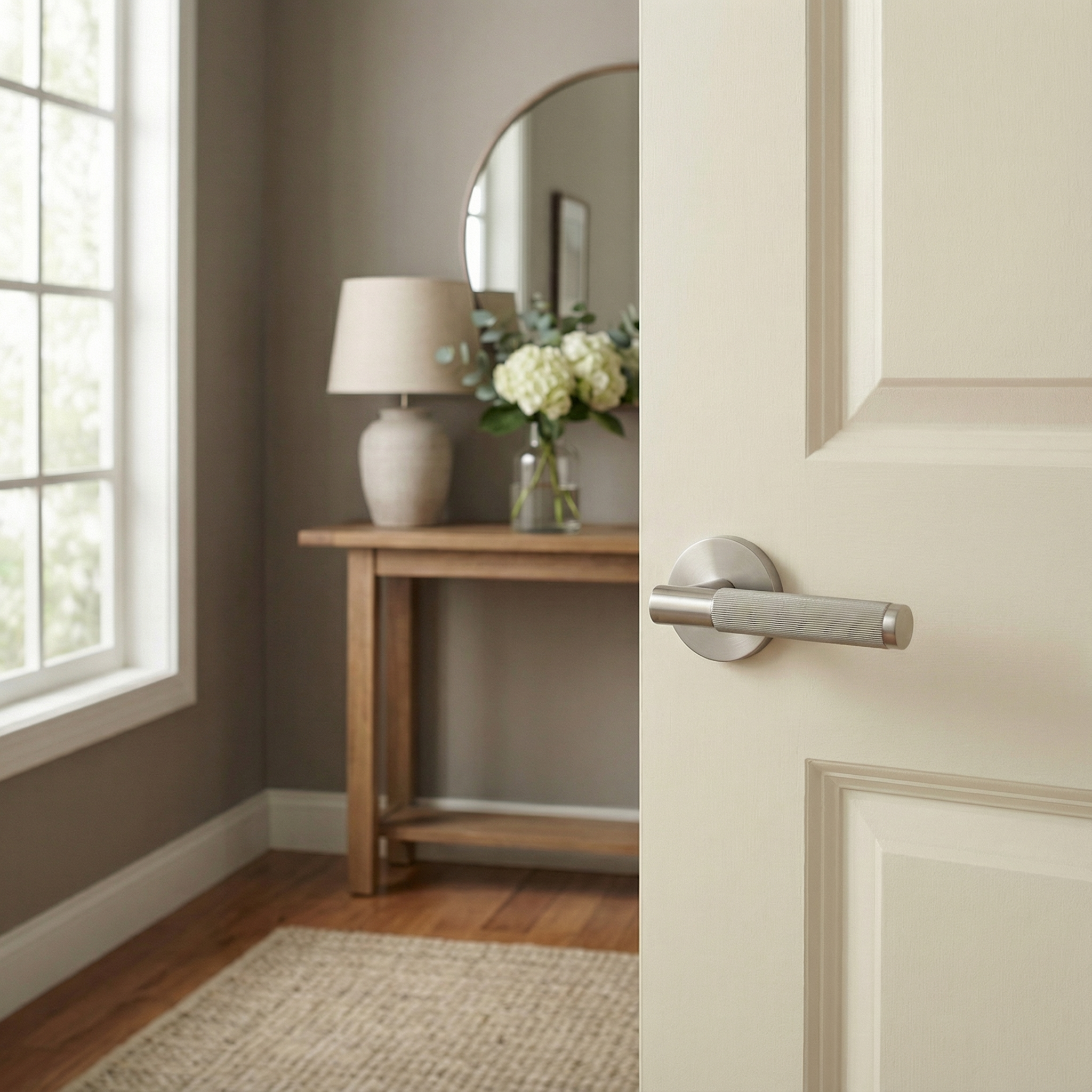 Knurled brass interior lever handle on a cream door, revealing a serene, elegant entryway.