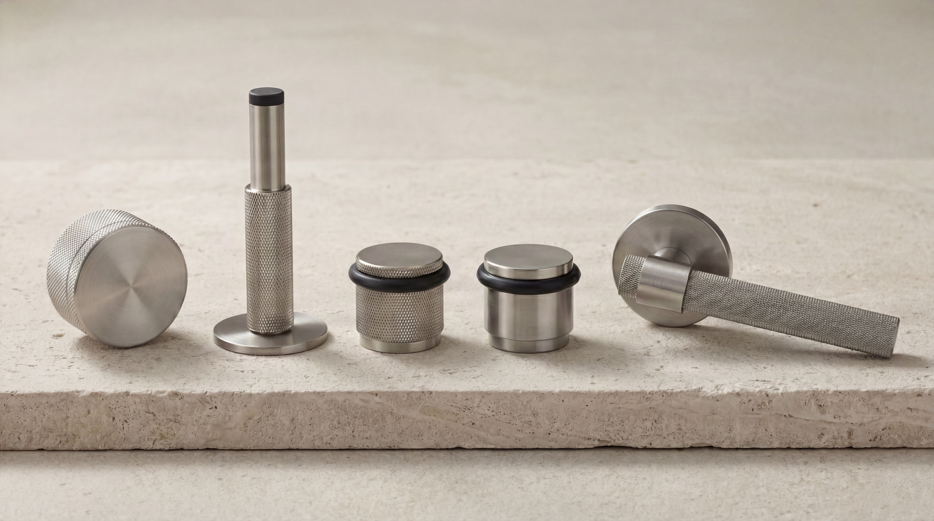 Satin Nickel Door Hardware: various knurled and smooth door stops, a knob, and a lever handle, crafted with permanence.