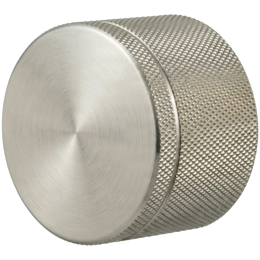 Elegant satin nickel door knob with a precise knurled texture and brushed face, conveying heirloom quality.