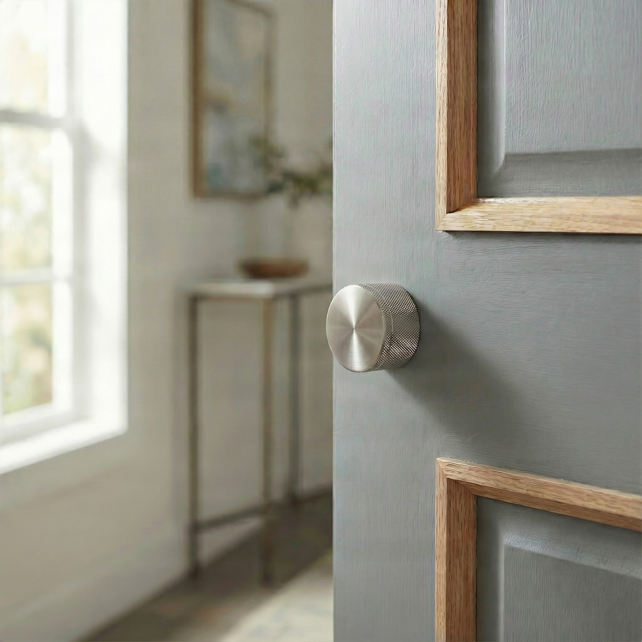 Elegant grey door featuring a knurled brass interior door knob, adding quiet luxury to a sunlit space.