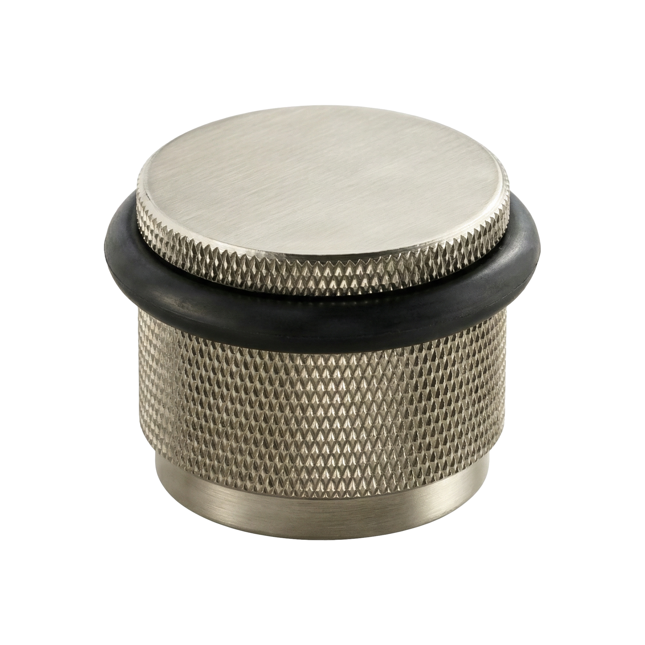 A timeless satin nickel floor mount door stop featuring precise knurled details and a durable rubber ring.