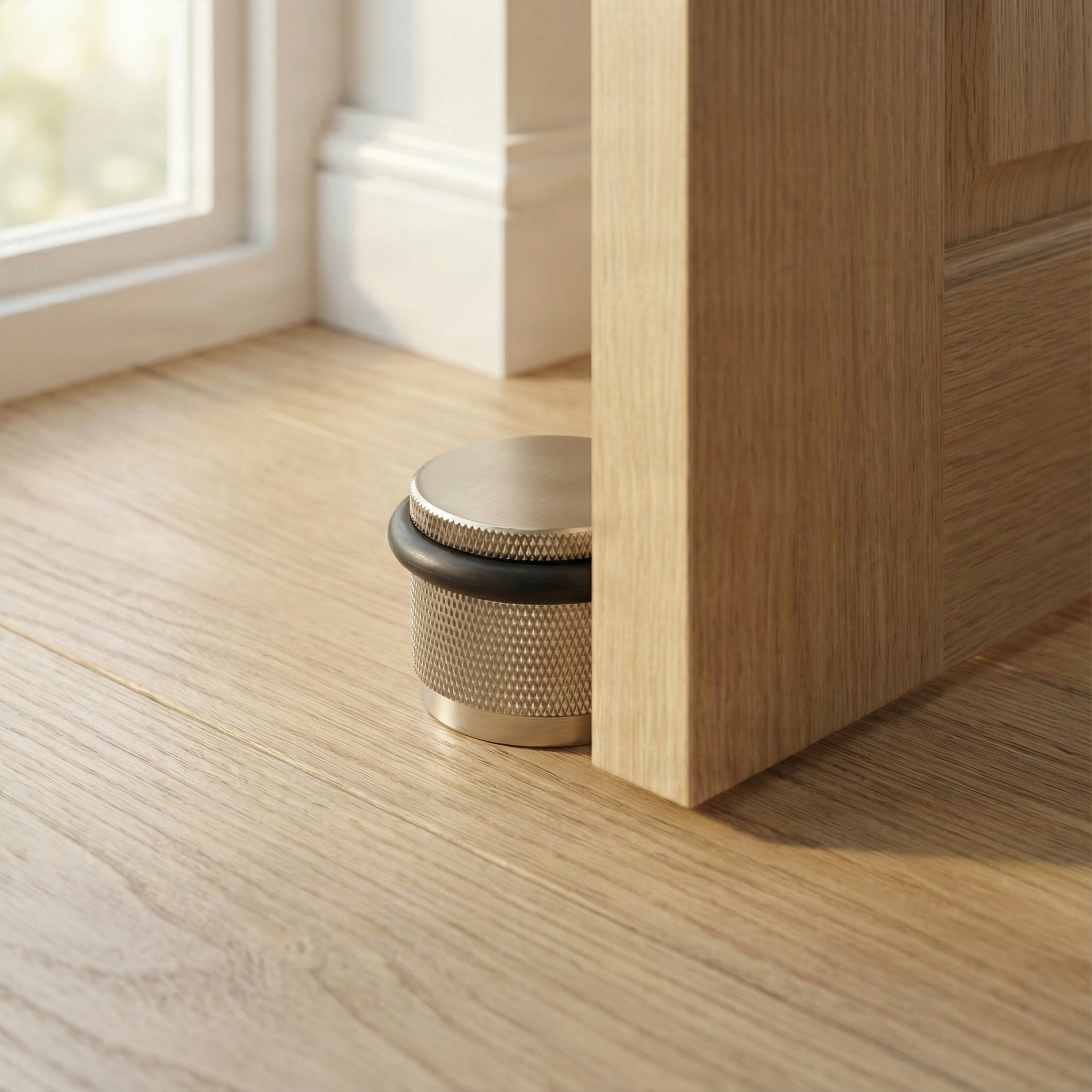 A modern satin nickel floor mount door stop anchors a light wood door, exuding quiet luxury and timeless craftsmanship.