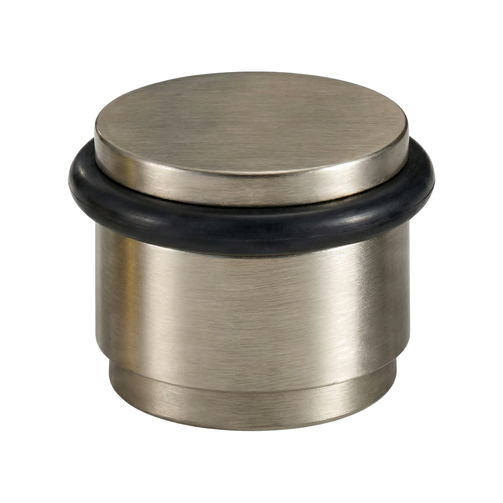 Satin nickel floor mount door stop, solid brass with a refined brushed finish and protective rubber bumper. A timeless piece of luxury hardware.