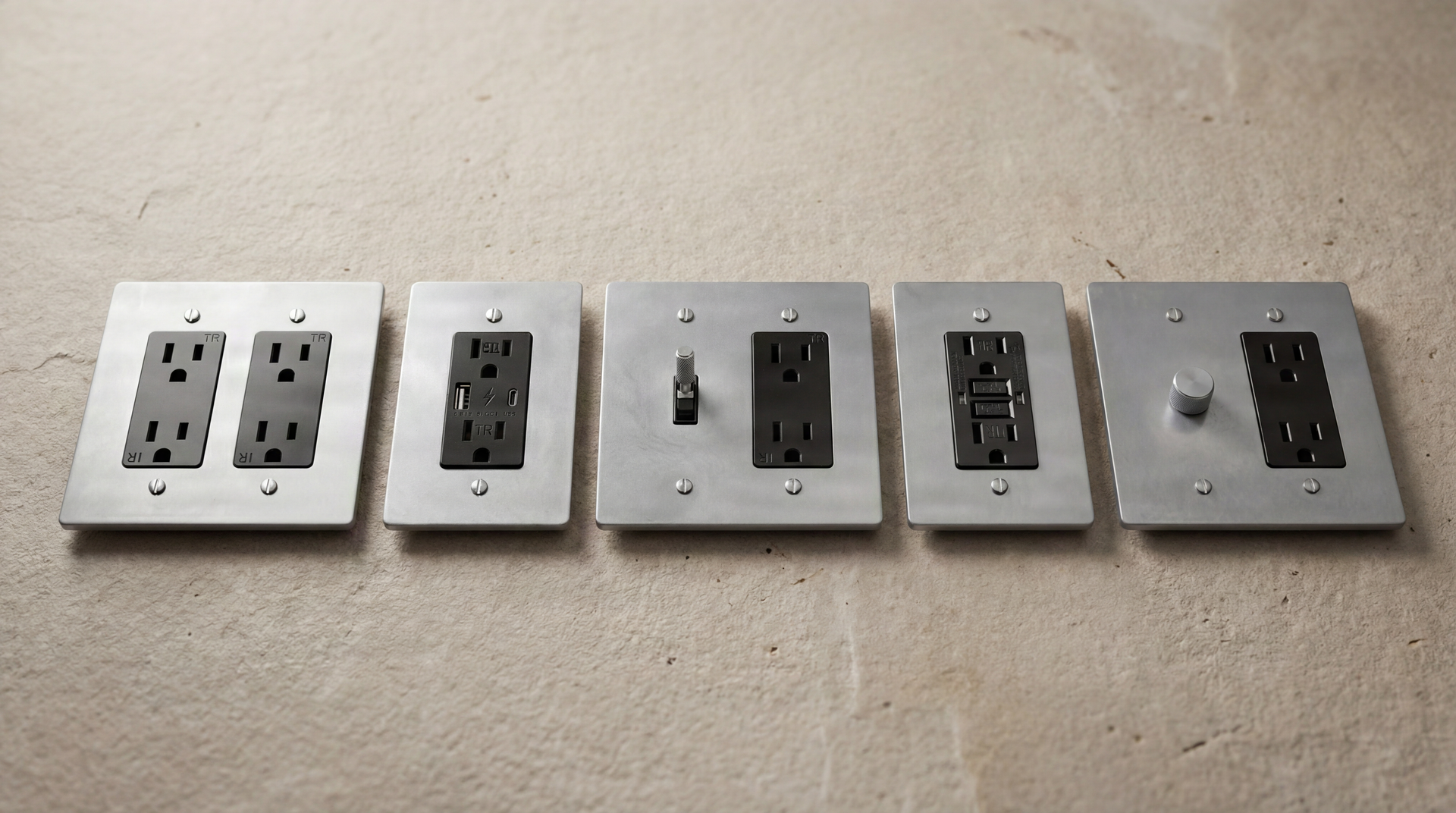 Satin Nickel Outlets: Duplex, USB, Toggle, GFCI, and 3-Way Dimmer. Heirloom-quality hardware with tactile elegance.