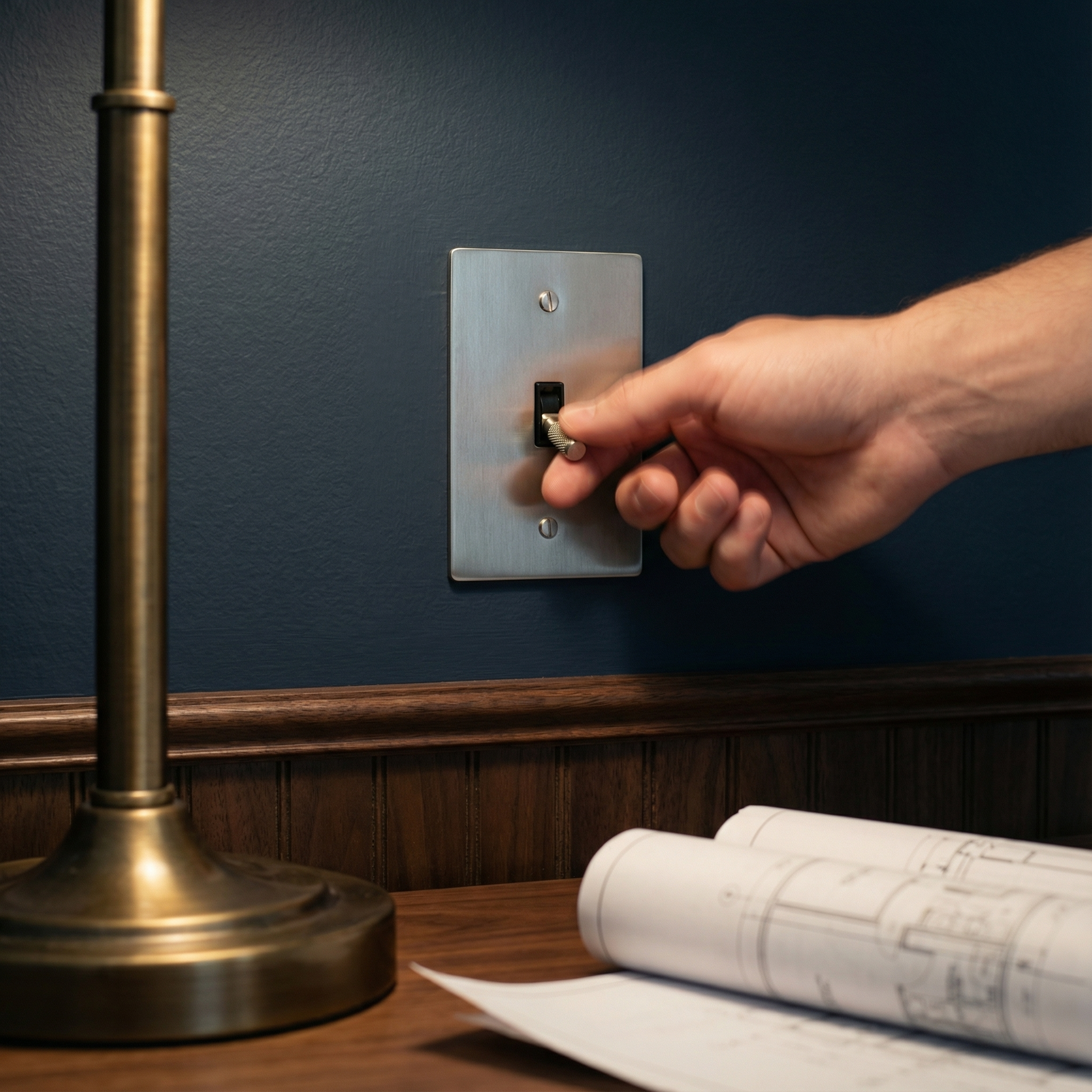 Hand on a satin nickel 1 gang toggle switch plate, enhancing a timeless study with dark wood and brass.