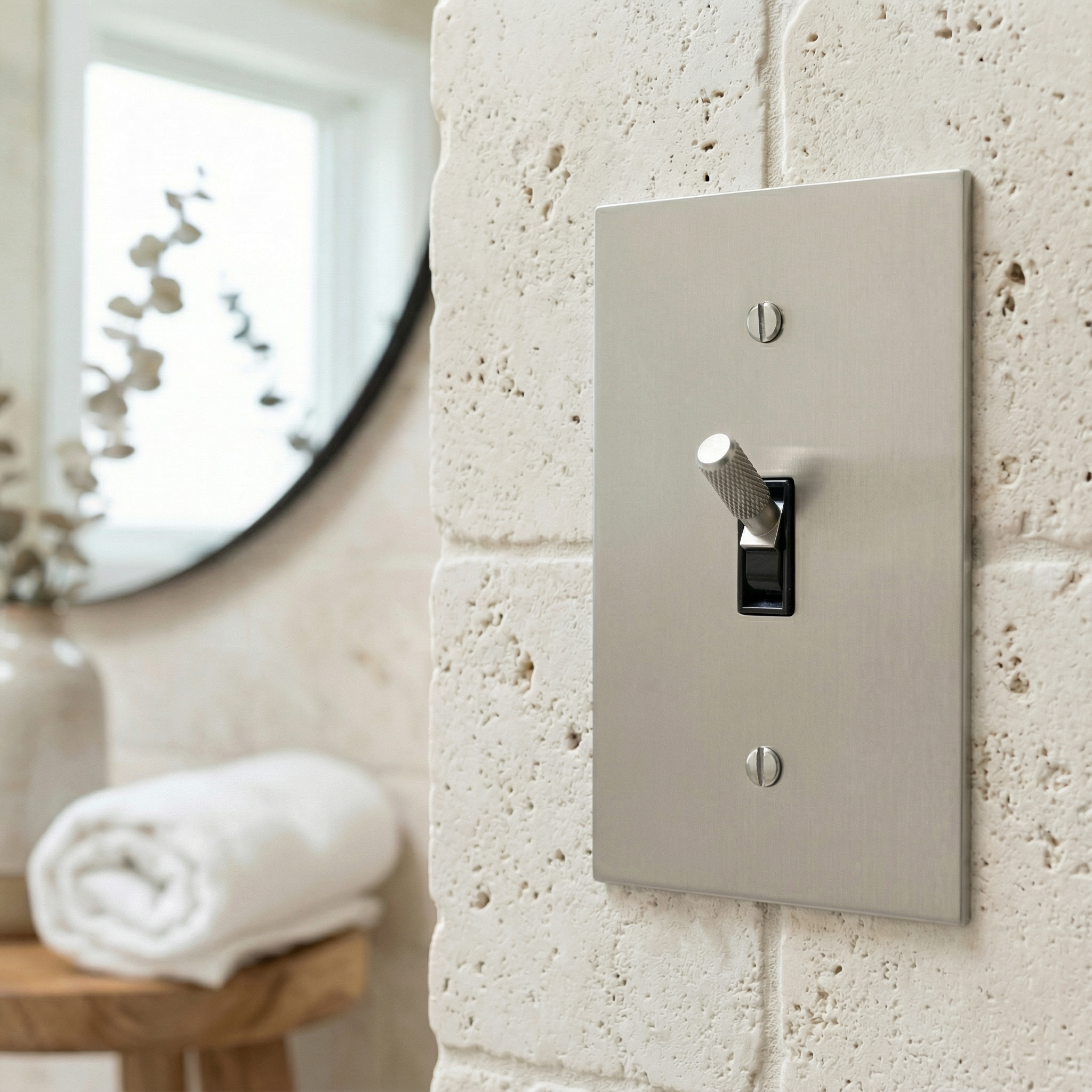 Sleek satin nickel 1 gang toggle switch plate on a textured wall in an elegant, serene bathroom.