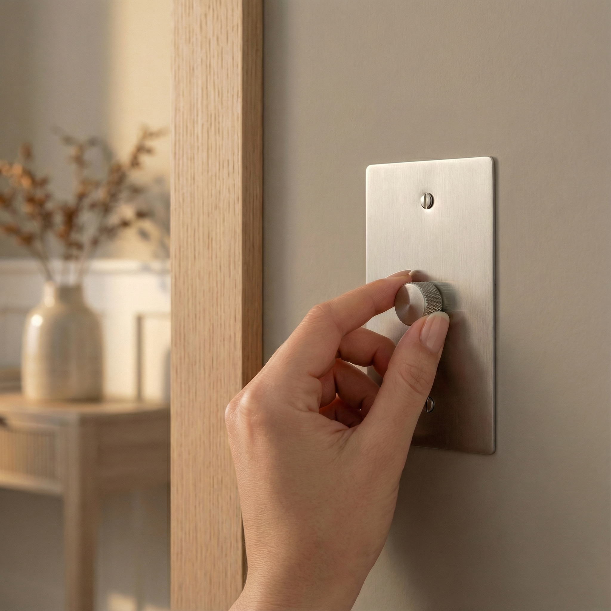 Hand adjusts a satin nickel 1 gang dimmer switch plate on a muted wall, embodying quiet luxury.