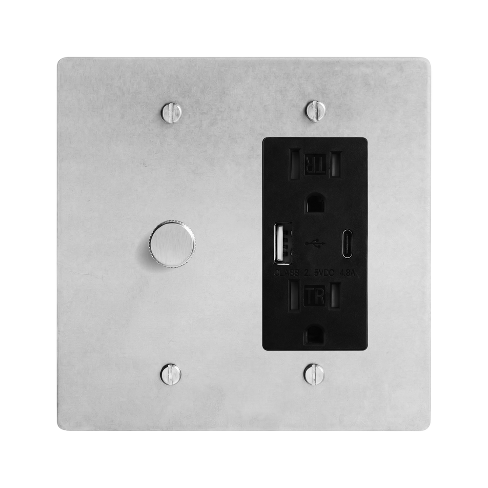 Satin Nickel 2-Gang Dimmer & USB Outlet Switch Plate in Black