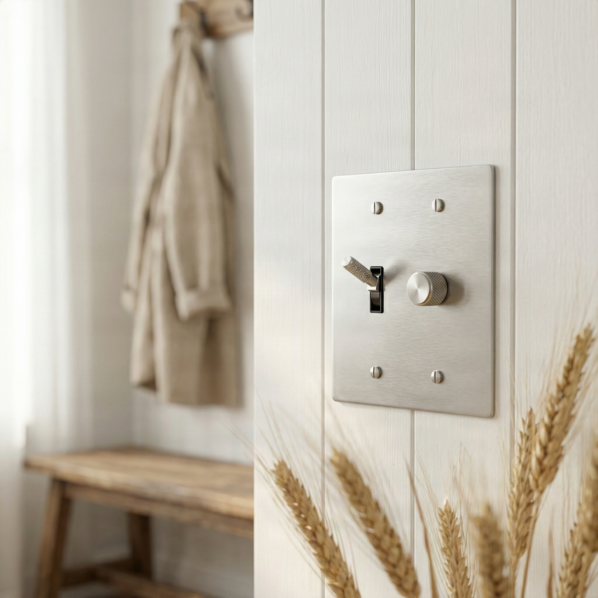 Satin nickel 2 gang dimmer and toggle switch plate with knurled details, bringing quiet luxury to a serene, timeless room.