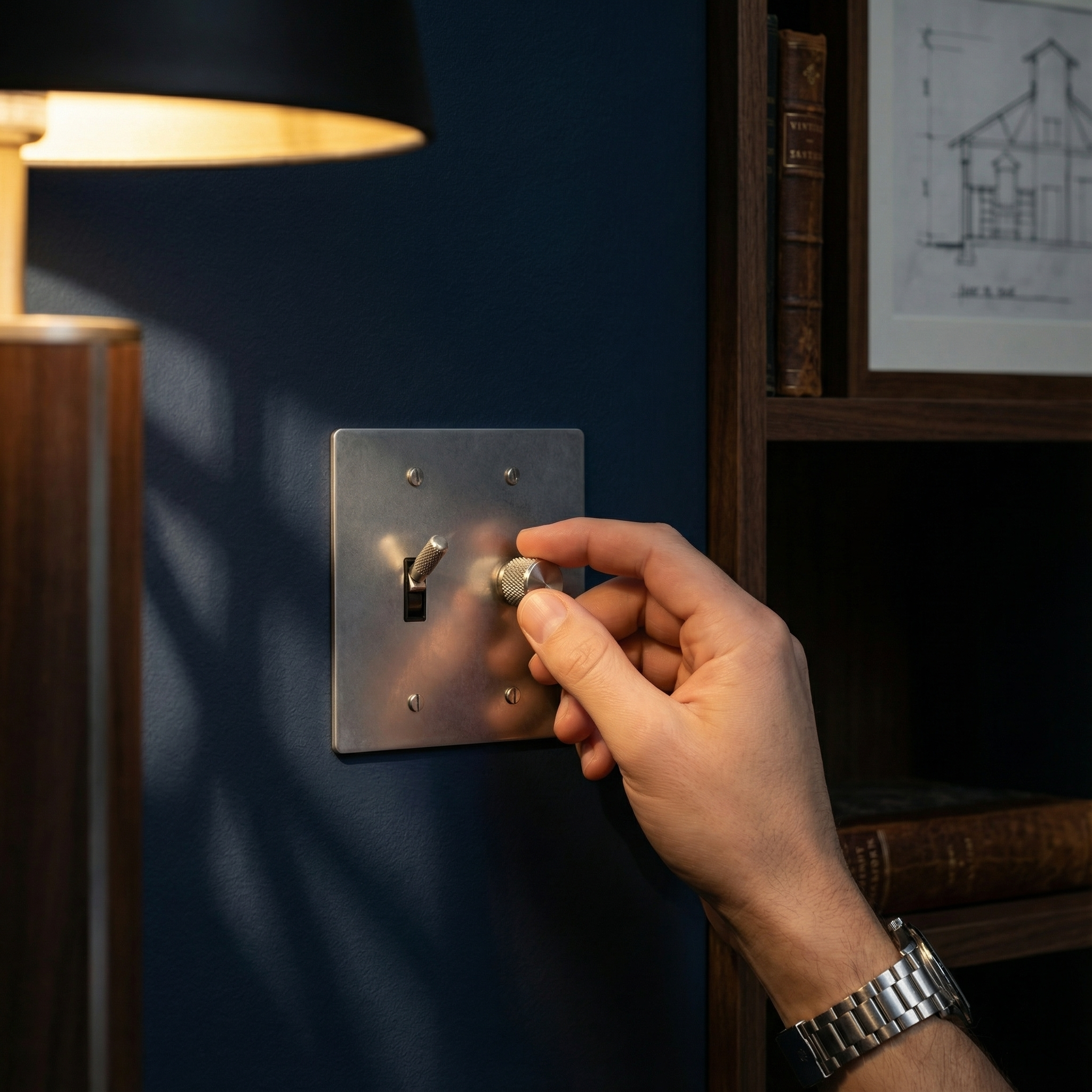 Hand adjusts a satin nickel 2 gang dimmer and toggle switch plate on a deep blue wall, exuding quiet luxury.