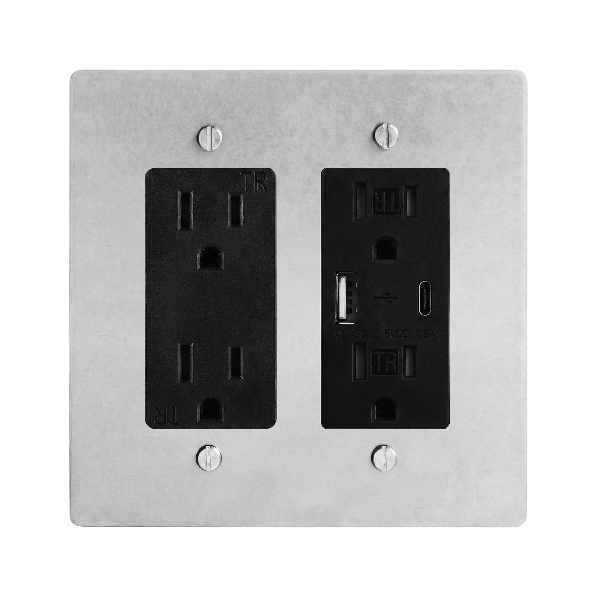 Satin Nickel 2-Gang Duplex Outlet & USB Outlet Switch Plate in Black