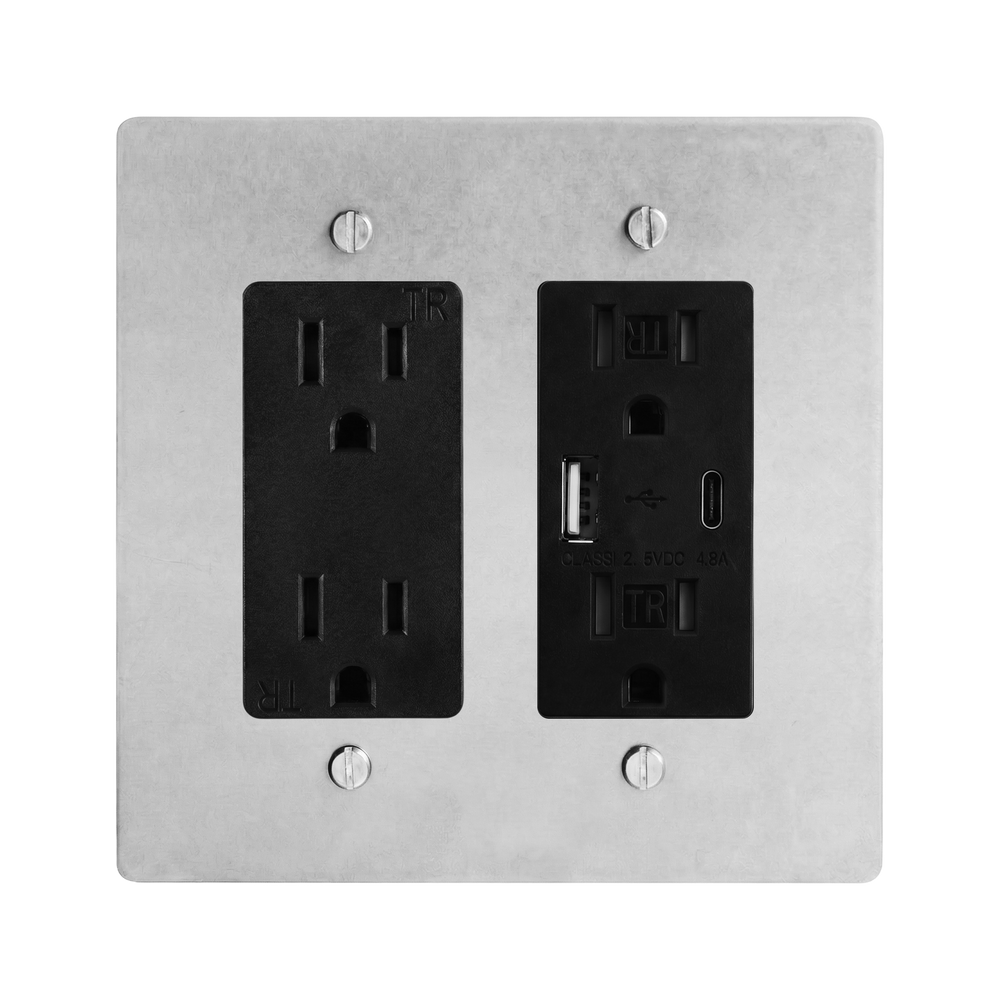 Satin Nickel 2-Gang Duplex Outlet & USB Outlet Switch Plate in Black