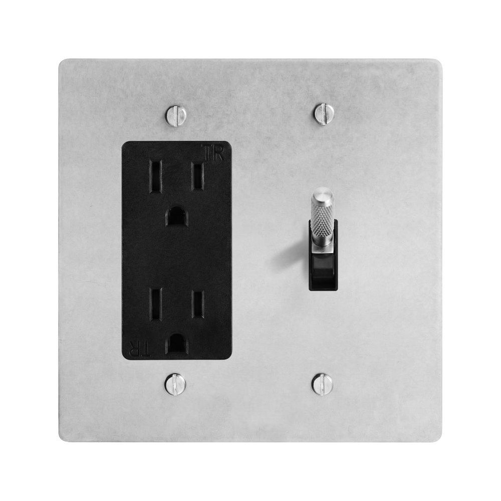 Satin Nickel 2-Gang Duplex Outlet & Toggle Switch Plate in Black