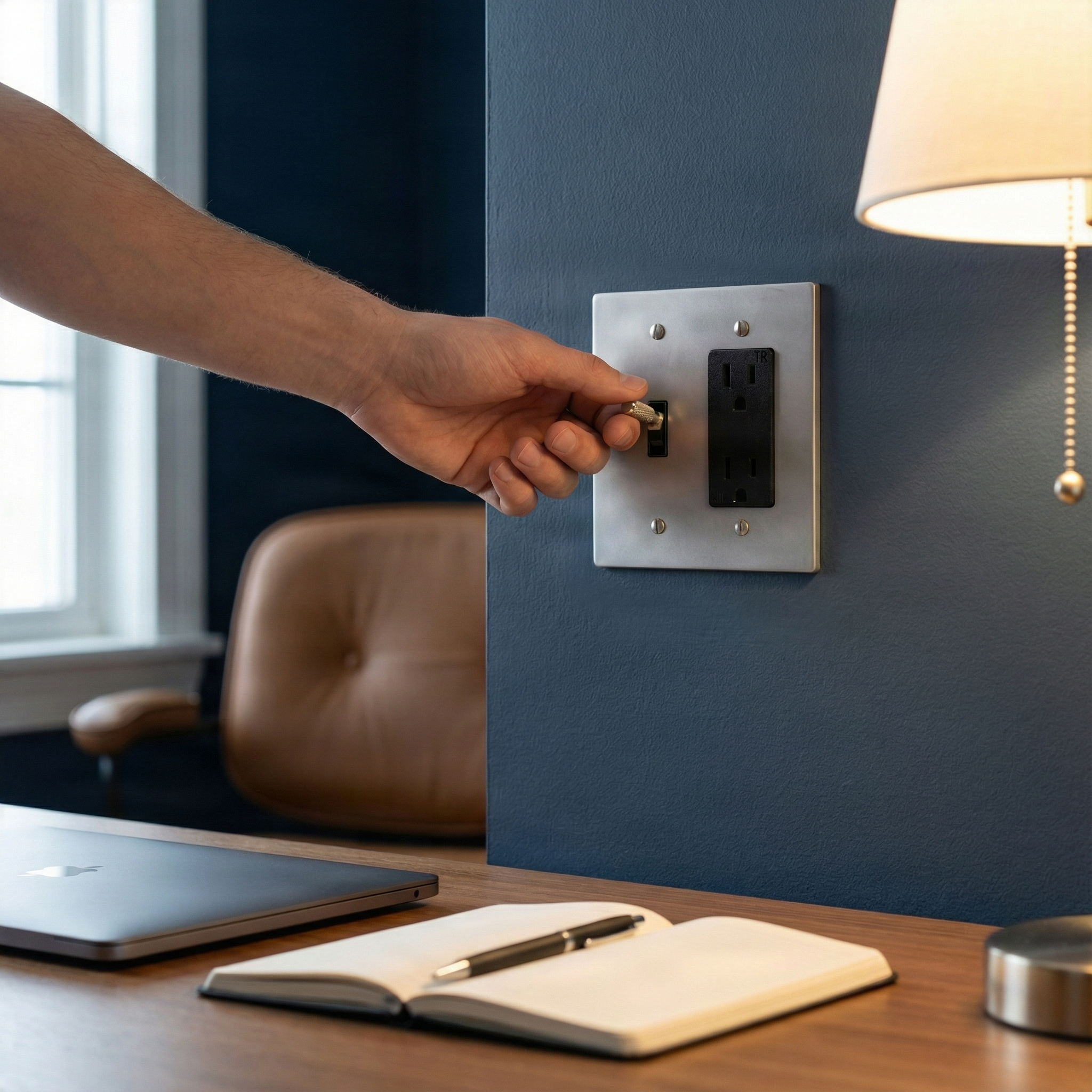 A hand flips a toggle on a satin nickel 2 gang decora and toggle switch plate, exemplifying quiet luxury in a timeless study.