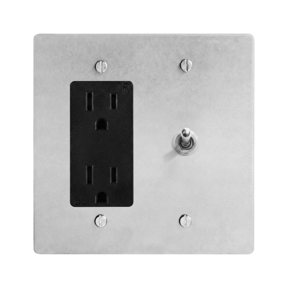 Satin Nickel 2-Gang Duplex Outlet & Vintage Toggle Switch Plate in Black