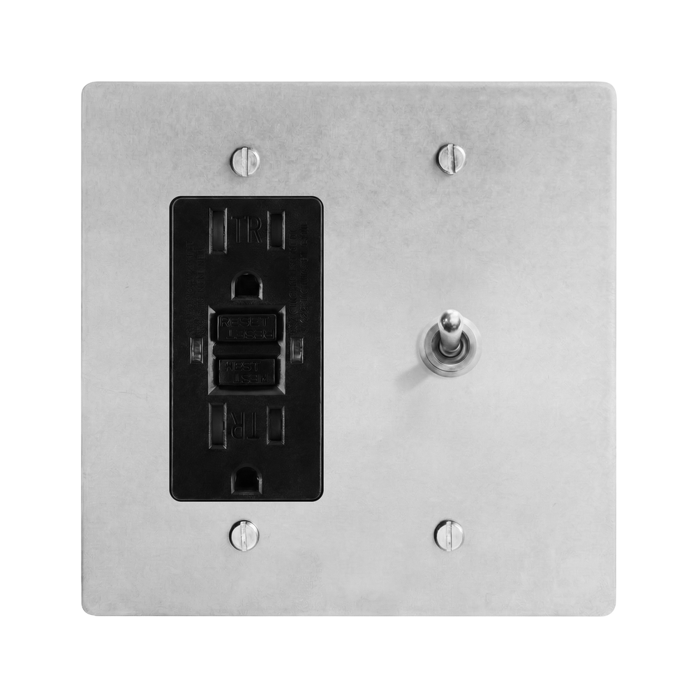 Satin Nickel 2-Gang GFCI Outlet & Vintage Toggle Switch Plate in Black