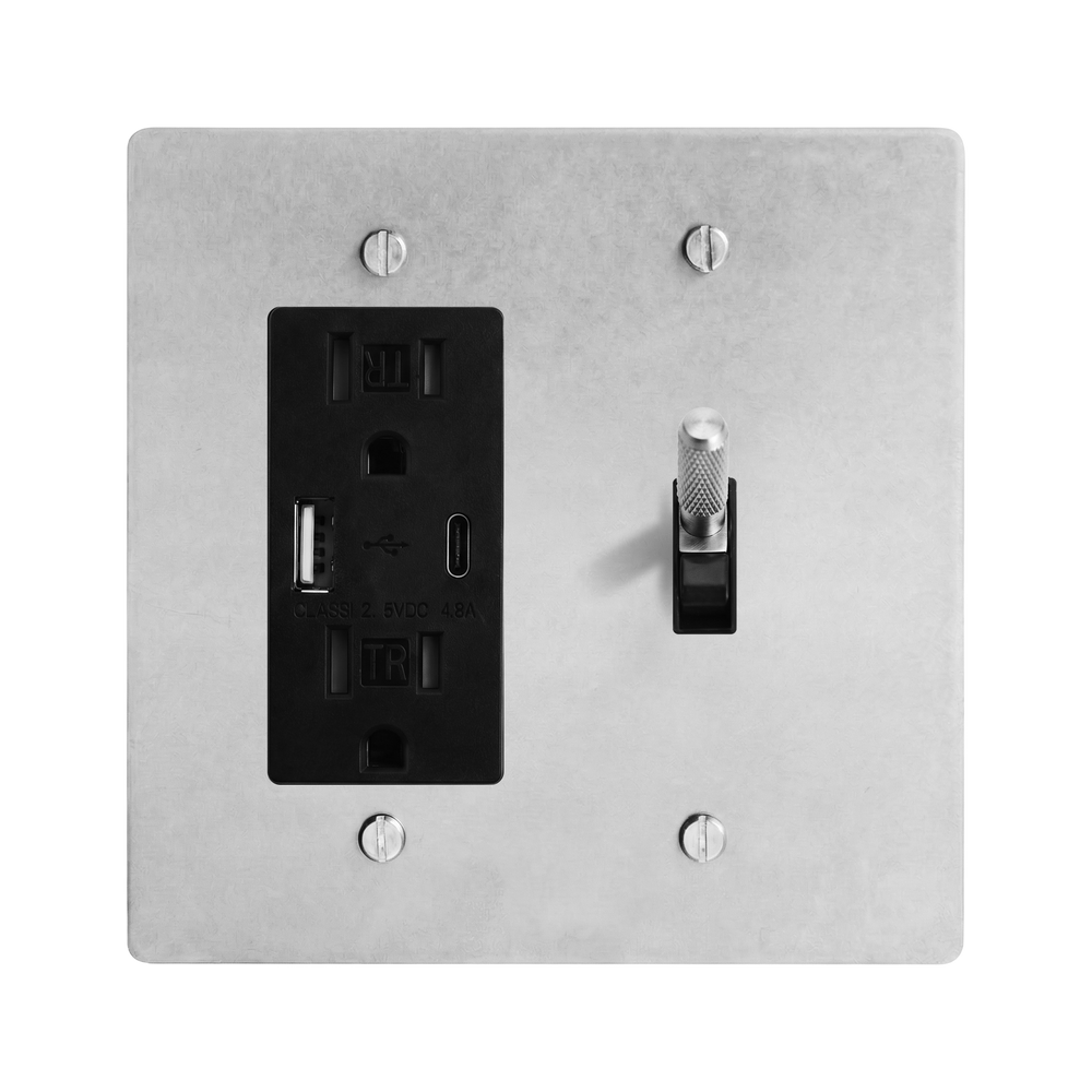Satin Nickel 2-Gang USB Outlet & Toggle Switch Plate in Black