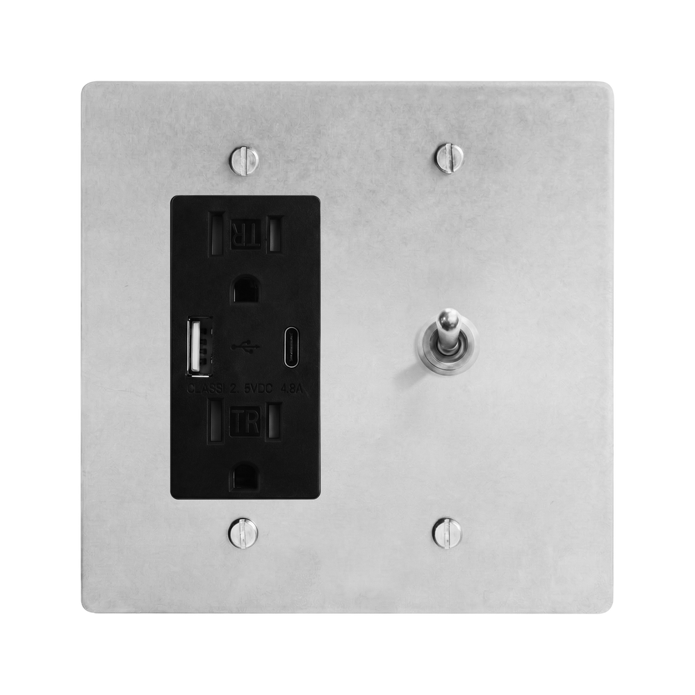 Satin Nickel 2-Gang USB Outlet & Vintage Toggle Switch Plate in Black