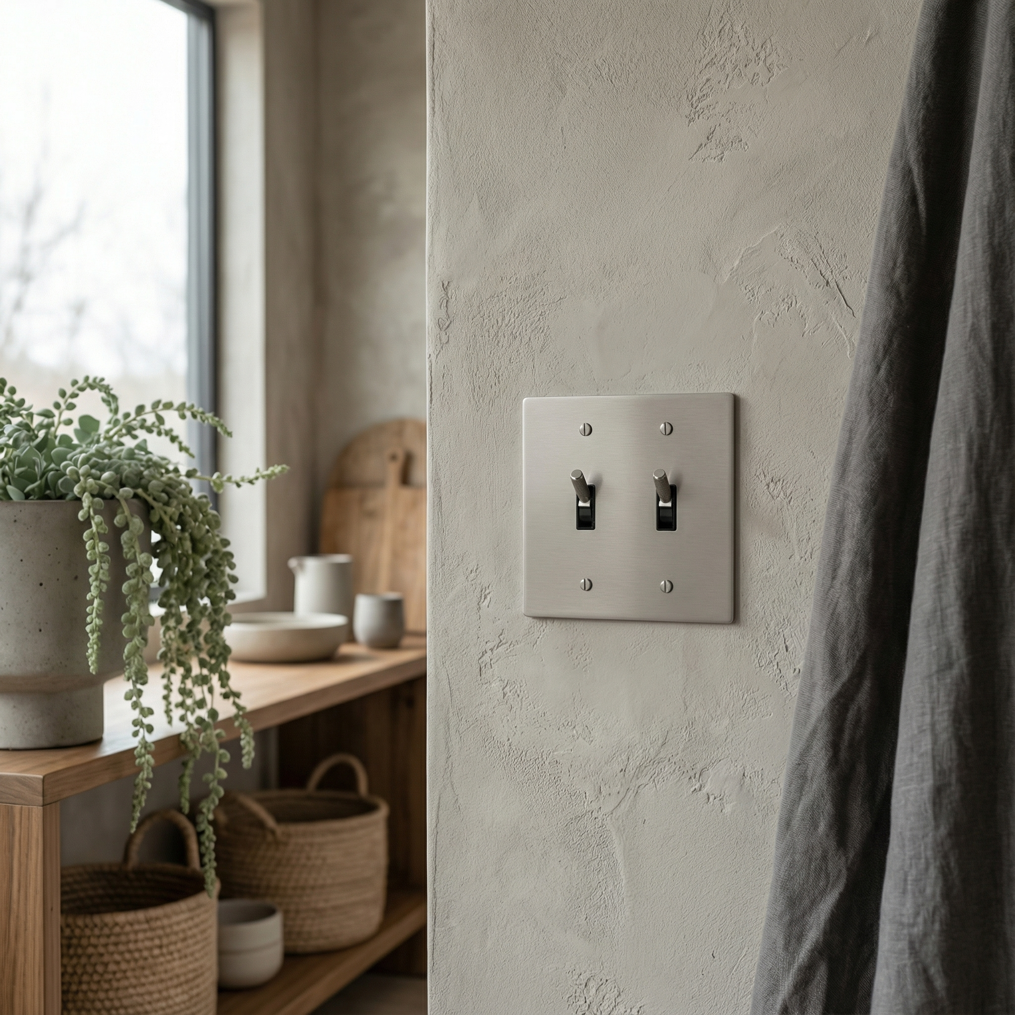 Timeless satin nickel 2 gang toggle switch plate on a textured wall, complementing quiet luxury decor.