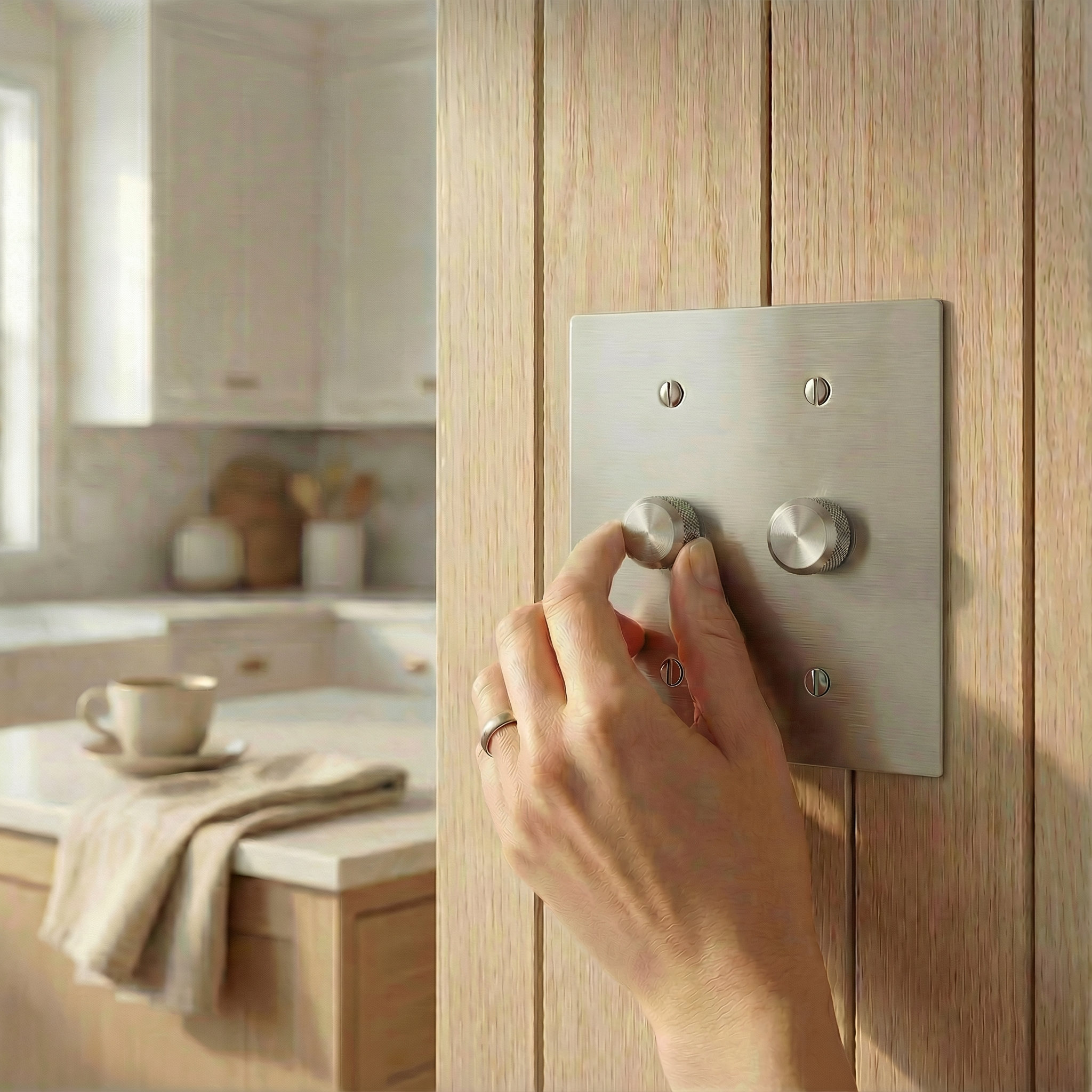 A hand fine-tunes a satin nickel 2 gang dimmer switch plate, enhancing a serene kitchen's light. Quiet luxury.