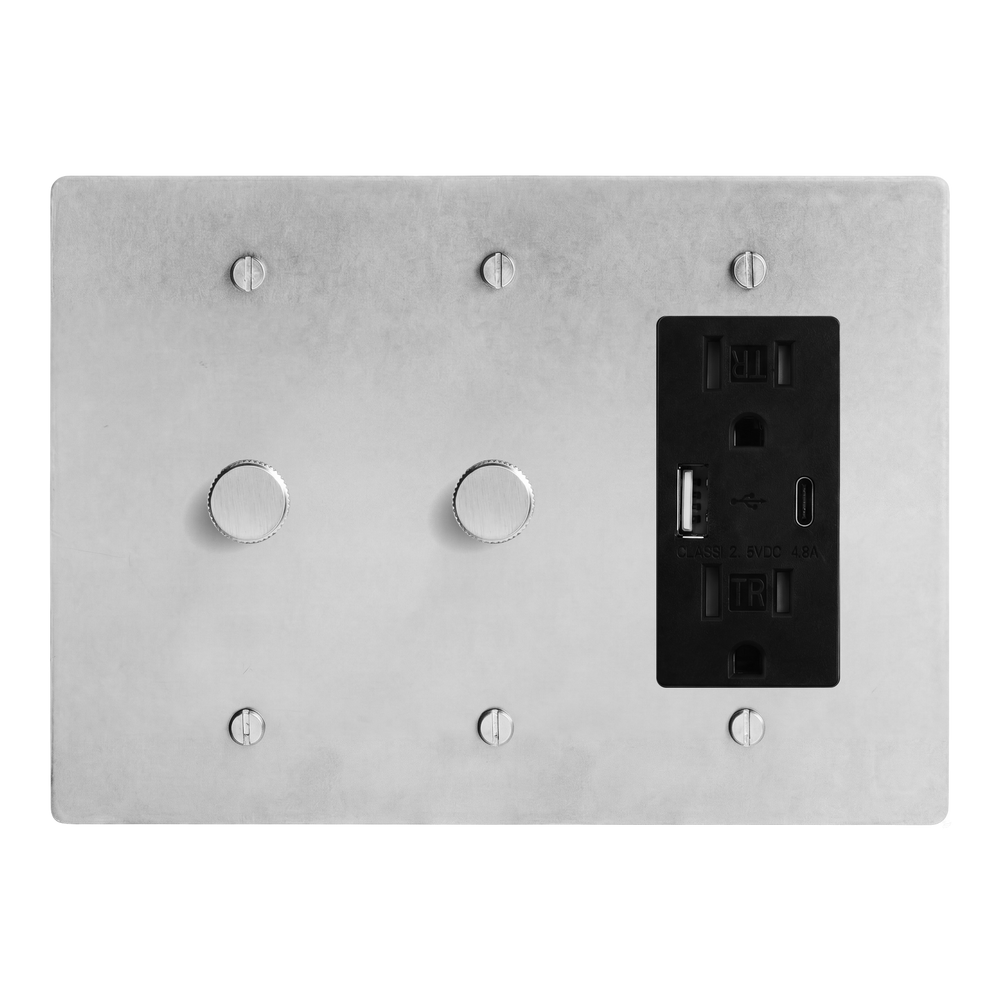 Satin Nickel 3-Gang Dimmer, Dimmer & USB Outlet Switch Plate in Black