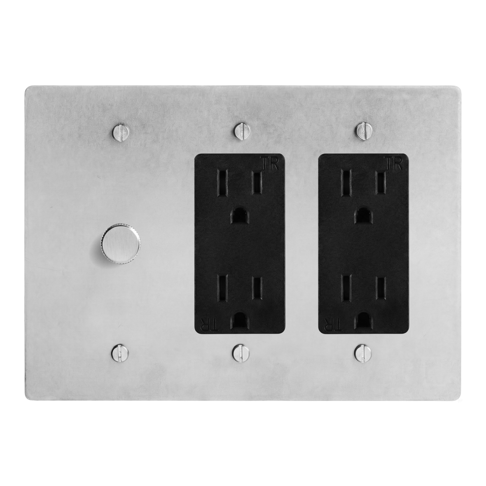 Satin Nickel 3-Gang Dimmer, Duplex Outlet & Duplex Outlet Switch Plate in Black