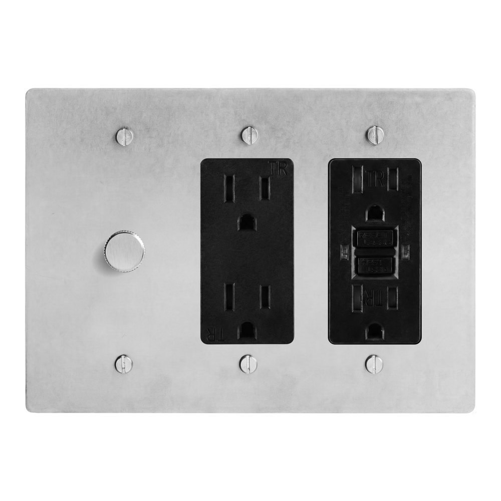 Satin Nickel 3-Gang Dimmer, Duplex Outlet & GFCI Outlet Switch Plate in Black