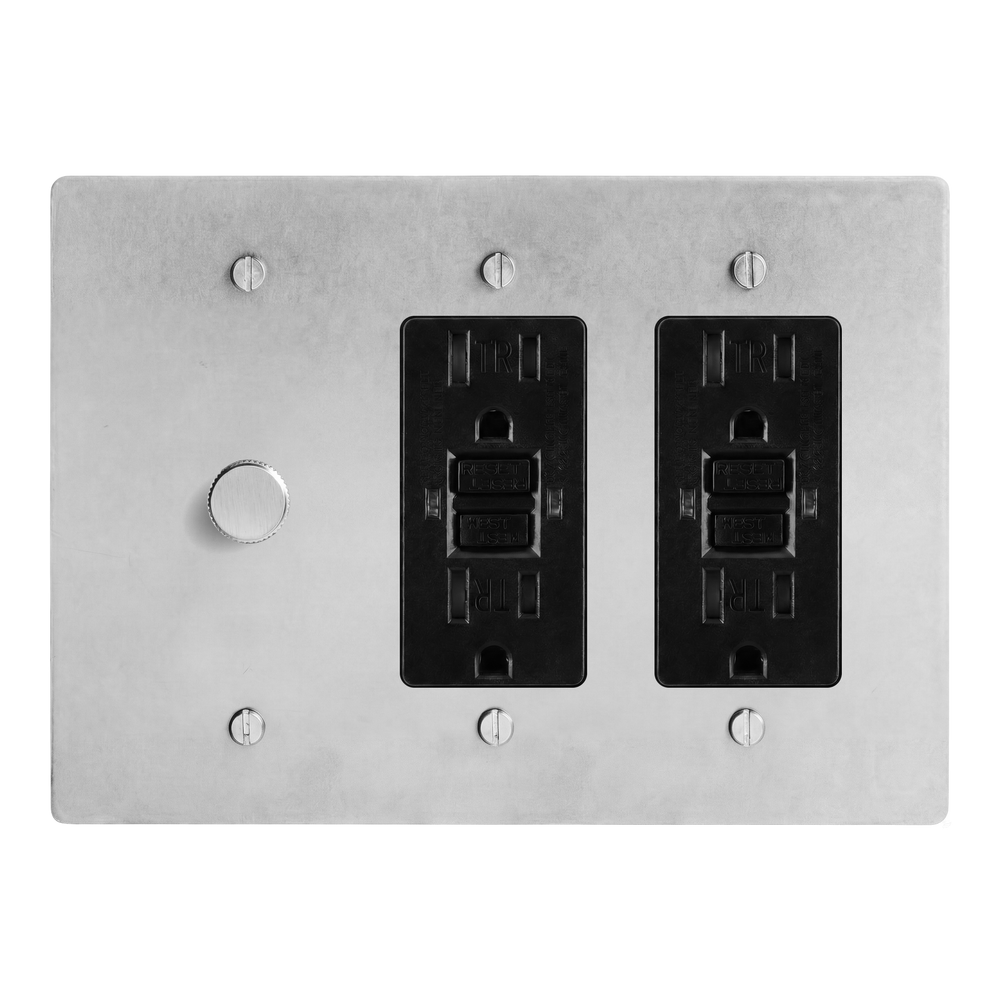 Satin Nickel 3-Gang Dimmer, GFCI Outlet & GFCI Outlet Switch Plate in Black