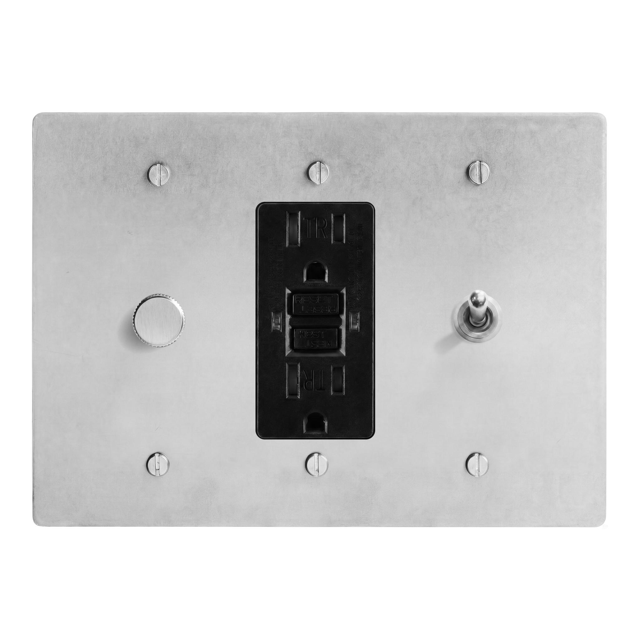 Satin Nickel 3-Gang Dimmer, GFCI Outlet & Vintage Toggle Switch Plate in Black
