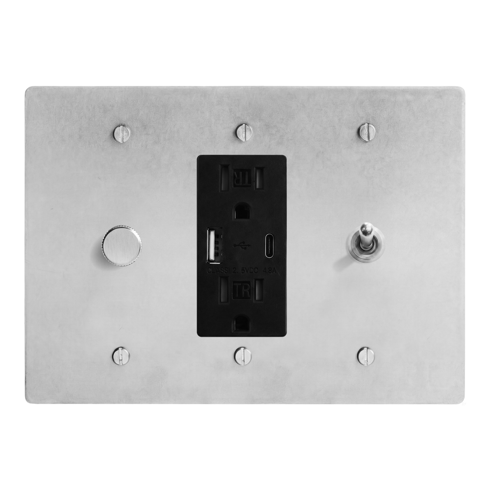 Satin Nickel 3-Gang Dimmer, USB Outlet & Vintage Toggle Switch Plate in Black