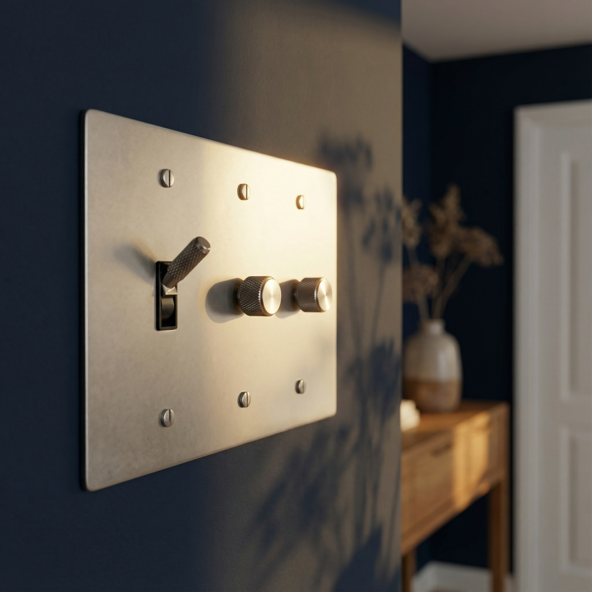 Elegant satin nickel 3 gang dimmer and toggle switch plate on a deep blue wall, casting soft shadows, timeless design.