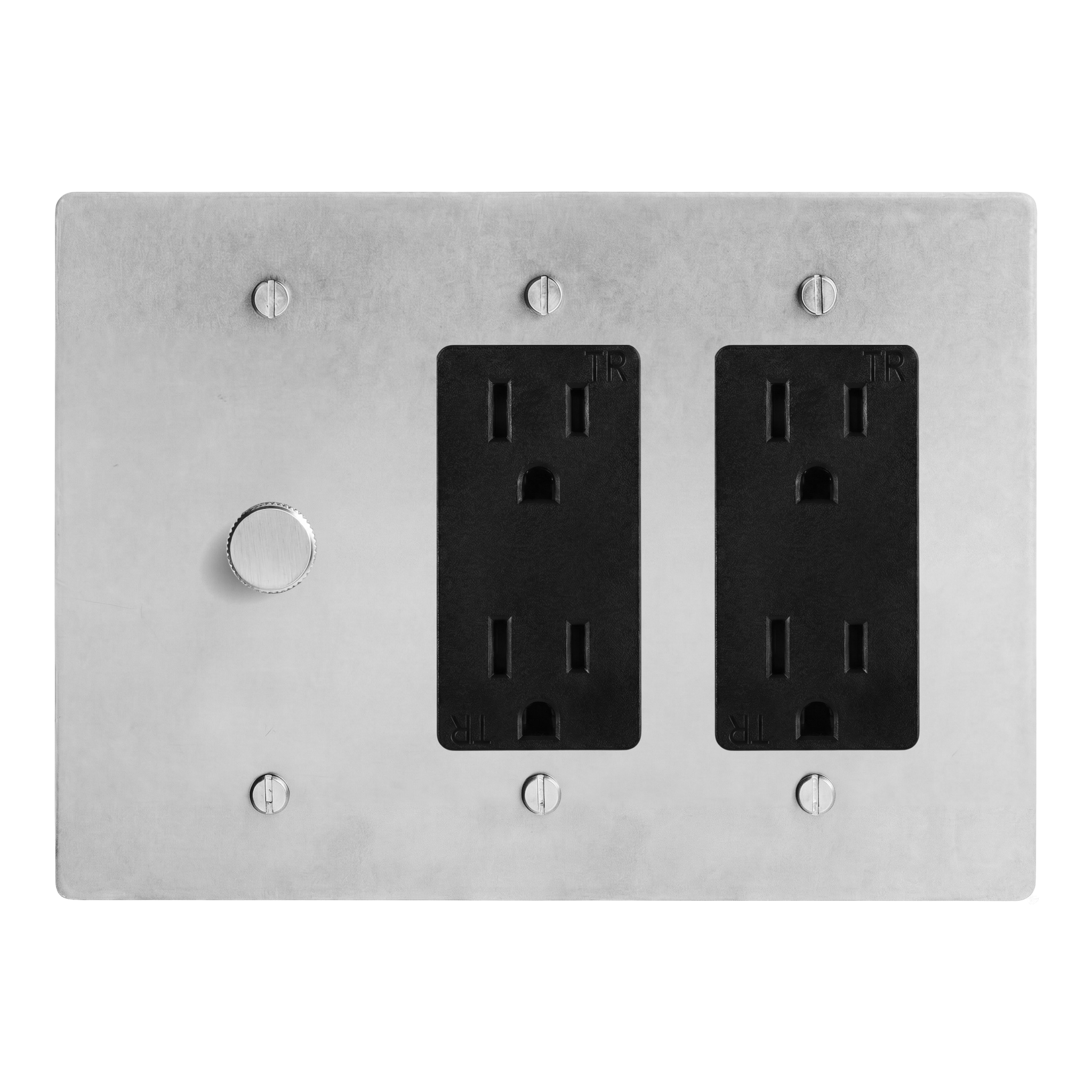 Satin Nickel 3-Gang Dimmer, Duplex Outlet & Duplex Outlet Switch Plate in Black