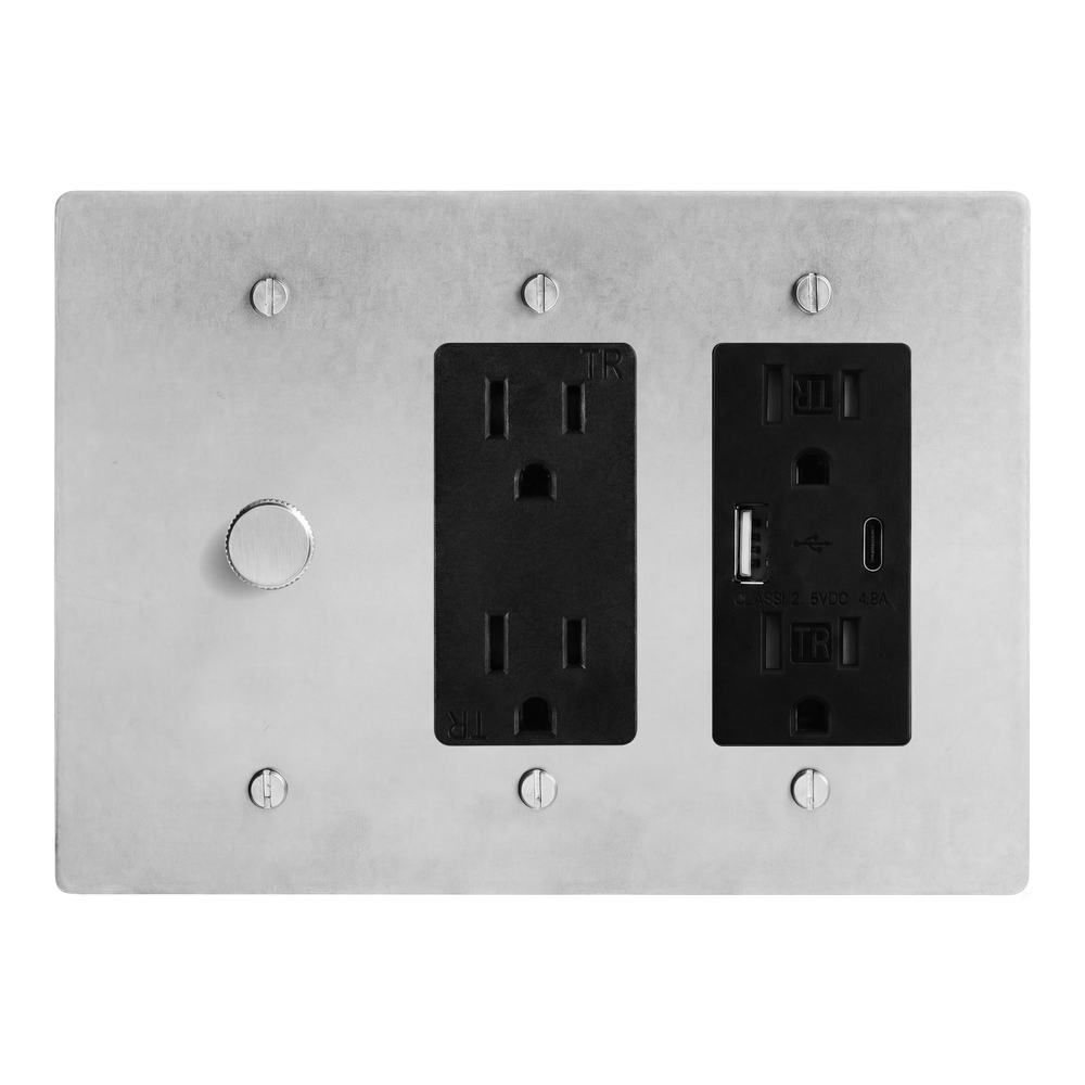 Satin Nickel 3-Gang Dimmer, Duplex Outlet & USB Outlet Switch Plate in Black