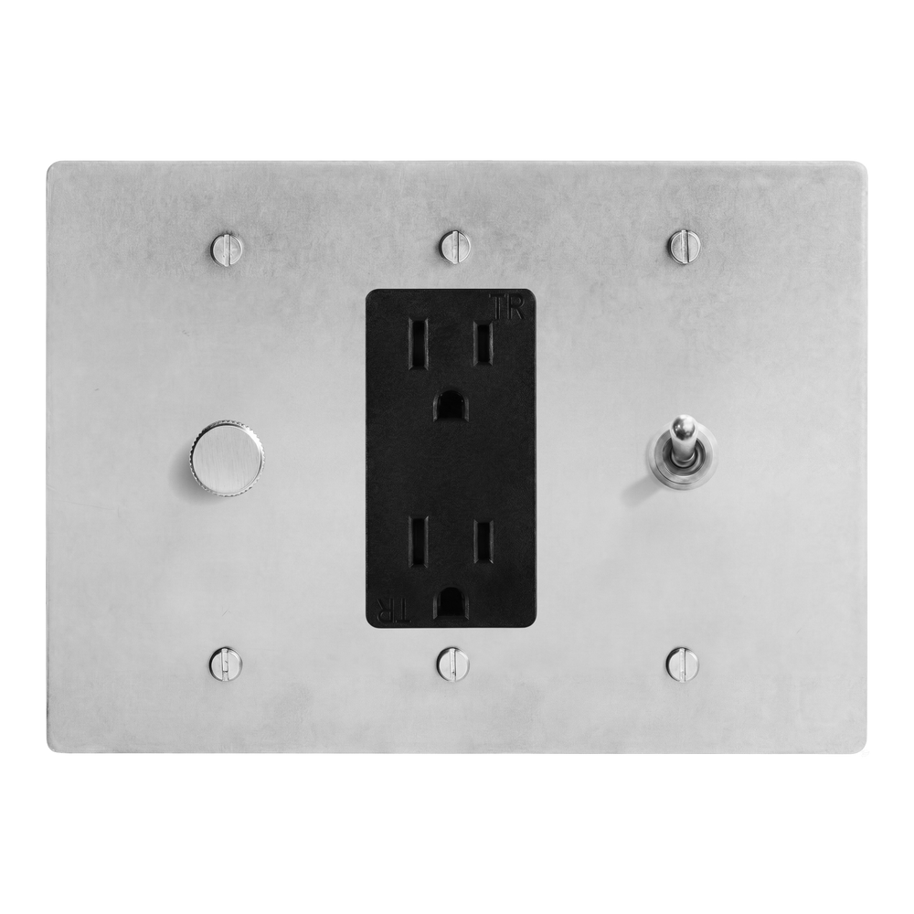 Satin Nickel 3-Gang Dimmer, Duplex Outlet & Vintage Toggle Switch Plate in Black