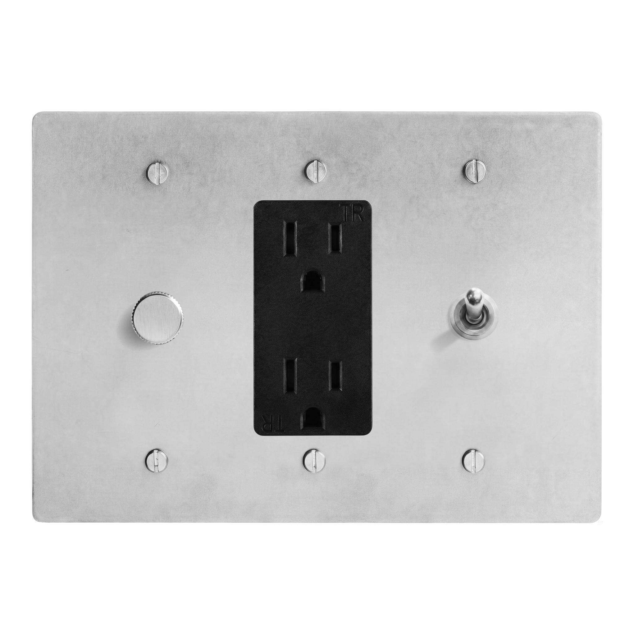 Satin Nickel 3-Gang Dimmer, Duplex Outlet & Vintage Toggle Switch Plate in Black