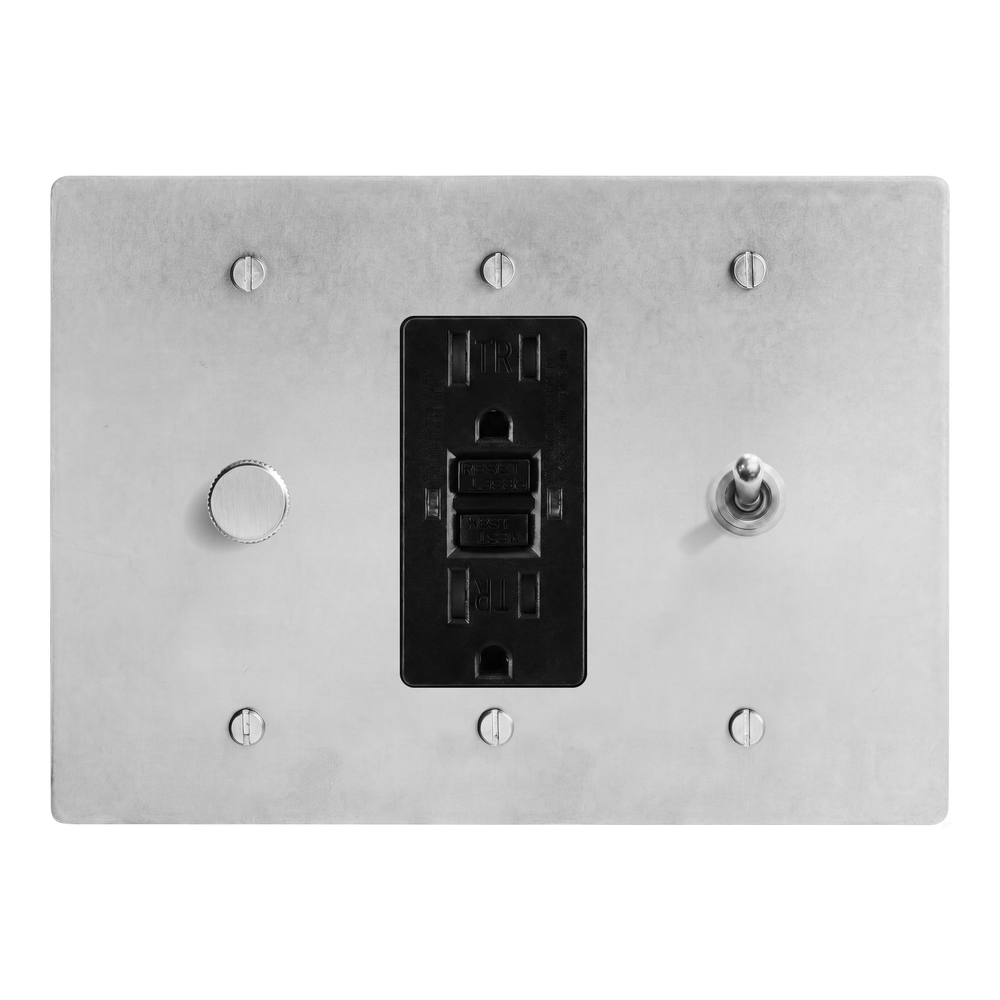Satin Nickel 3-Gang Dimmer, GFCI Outlet & Vintage Toggle Switch Plate in Black