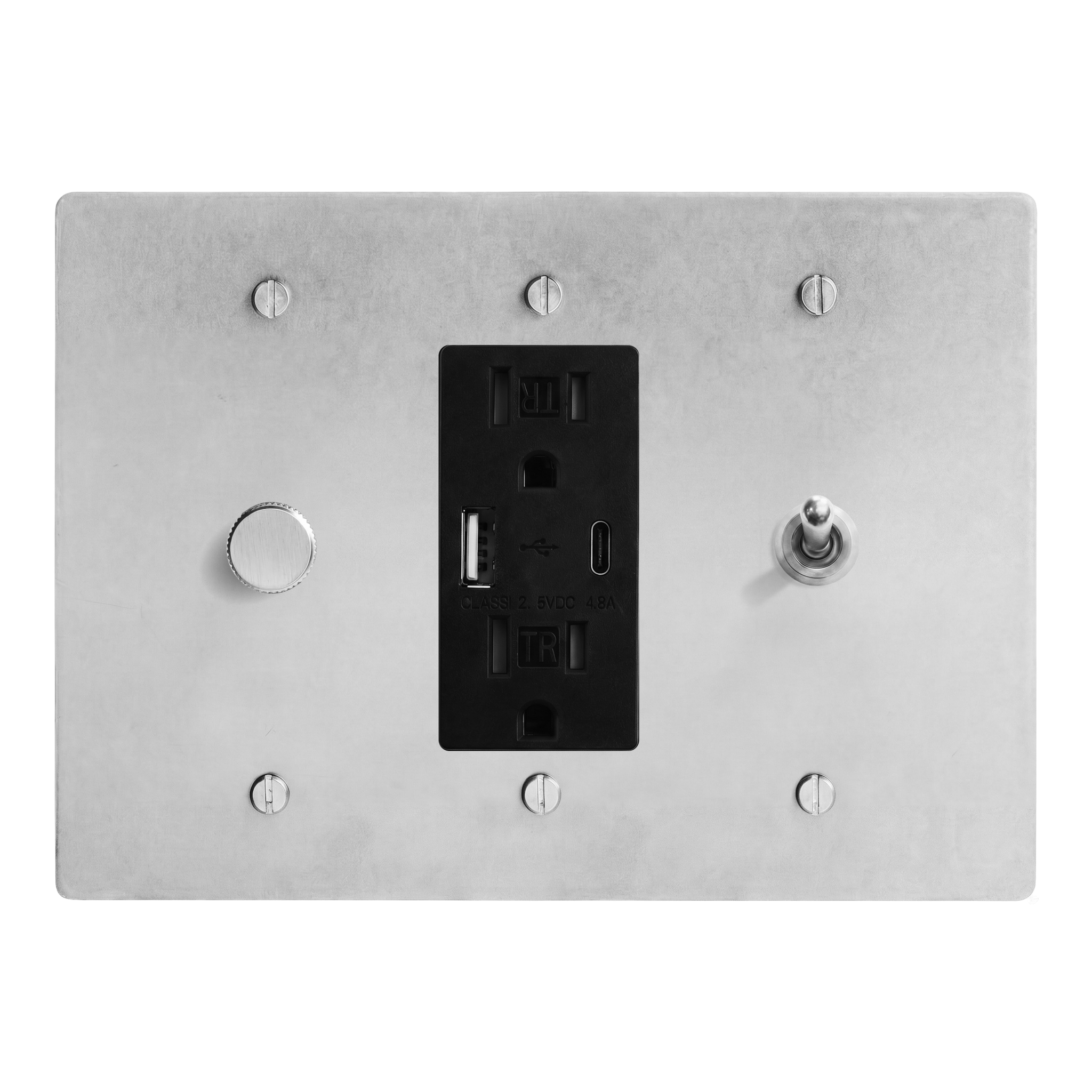 Satin Nickel 3-Gang Dimmer, USB Outlet & Vintage Toggle Switch Plate in Black