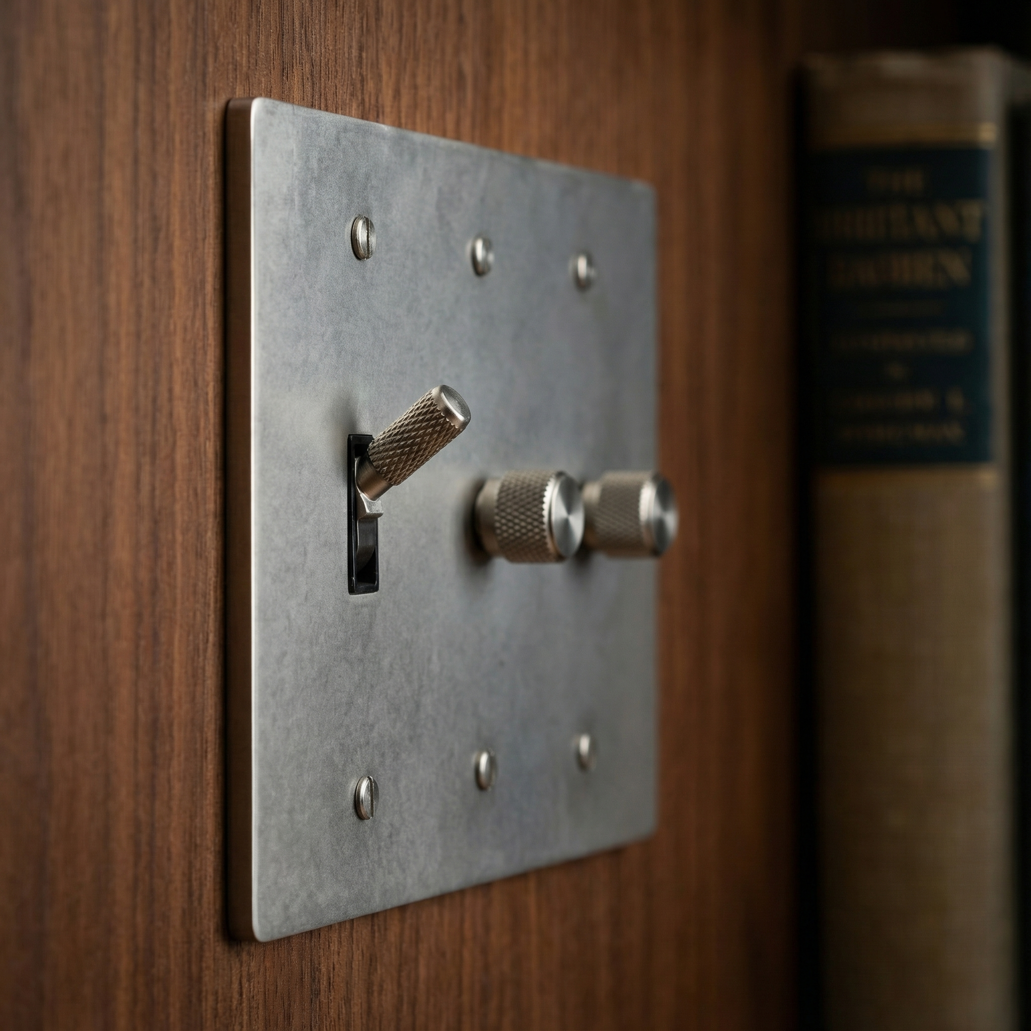 Elegant satin nickel 3 gang dimmer and toggle switch plate on rich wood, a study in timeless luxury.