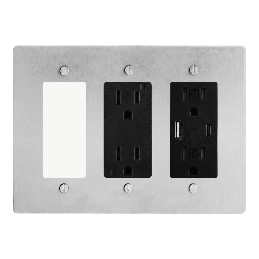 Satin Nickel 3-Gang Decora, Duplex Outlet & USB Outlet Switch Plate in Black