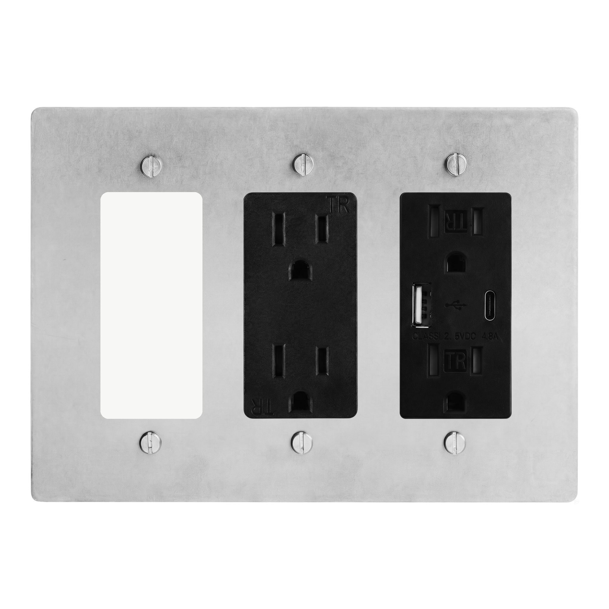 Satin Nickel 3-Gang Decora, Duplex Outlet & USB Outlet Switch Plate in Black