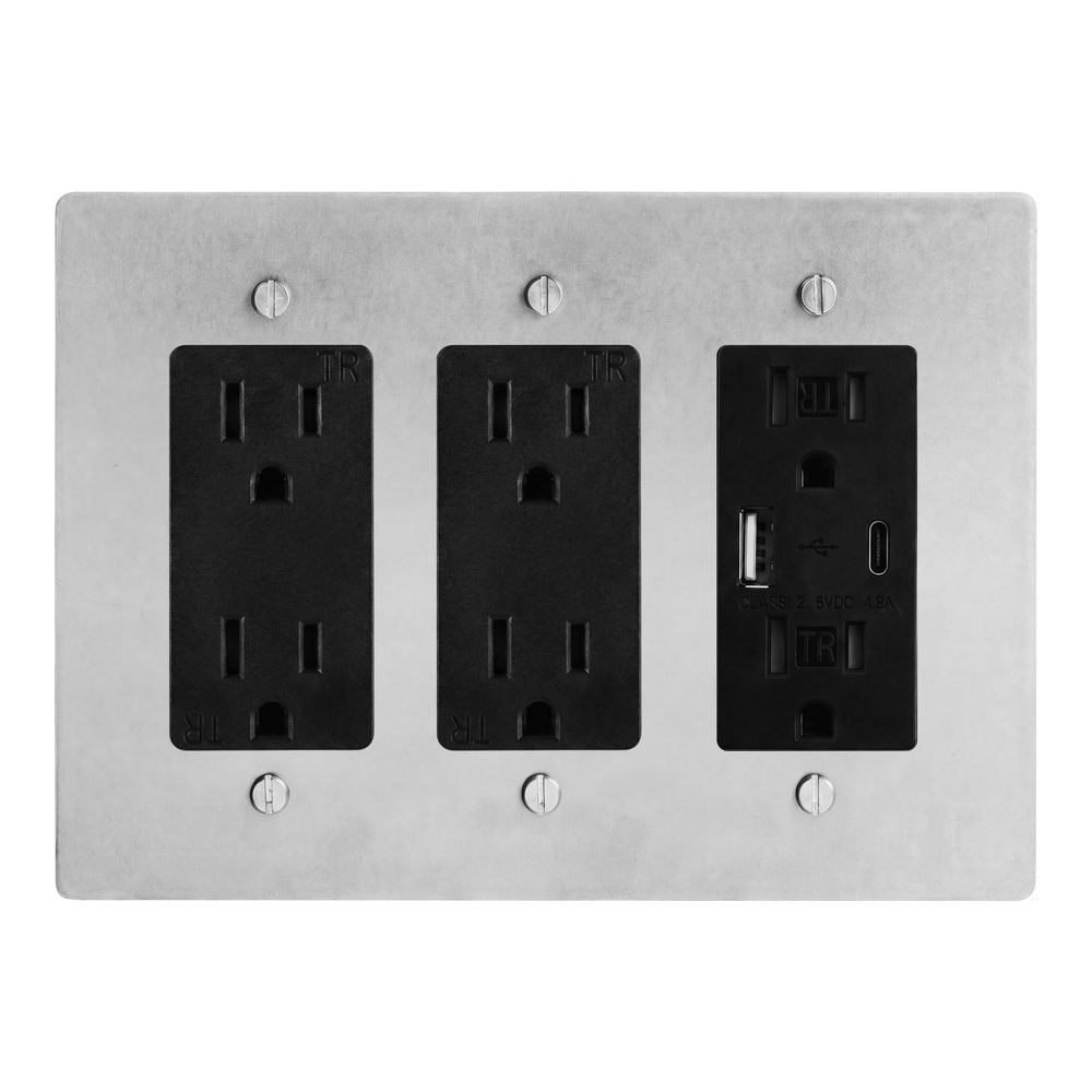 Satin Nickel 3-Gang Duplex Outlet, Duplex Outlet & USB Outlet Switch Plate in Black