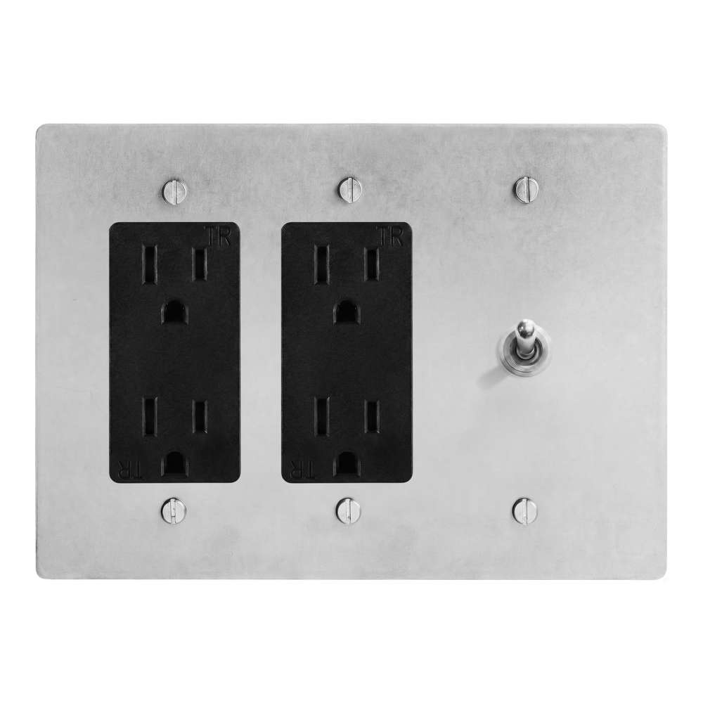 Satin Nickel 3-Gang Duplex Outlet, Duplex Outlet & Vintage Toggle Switch Plate in Black
