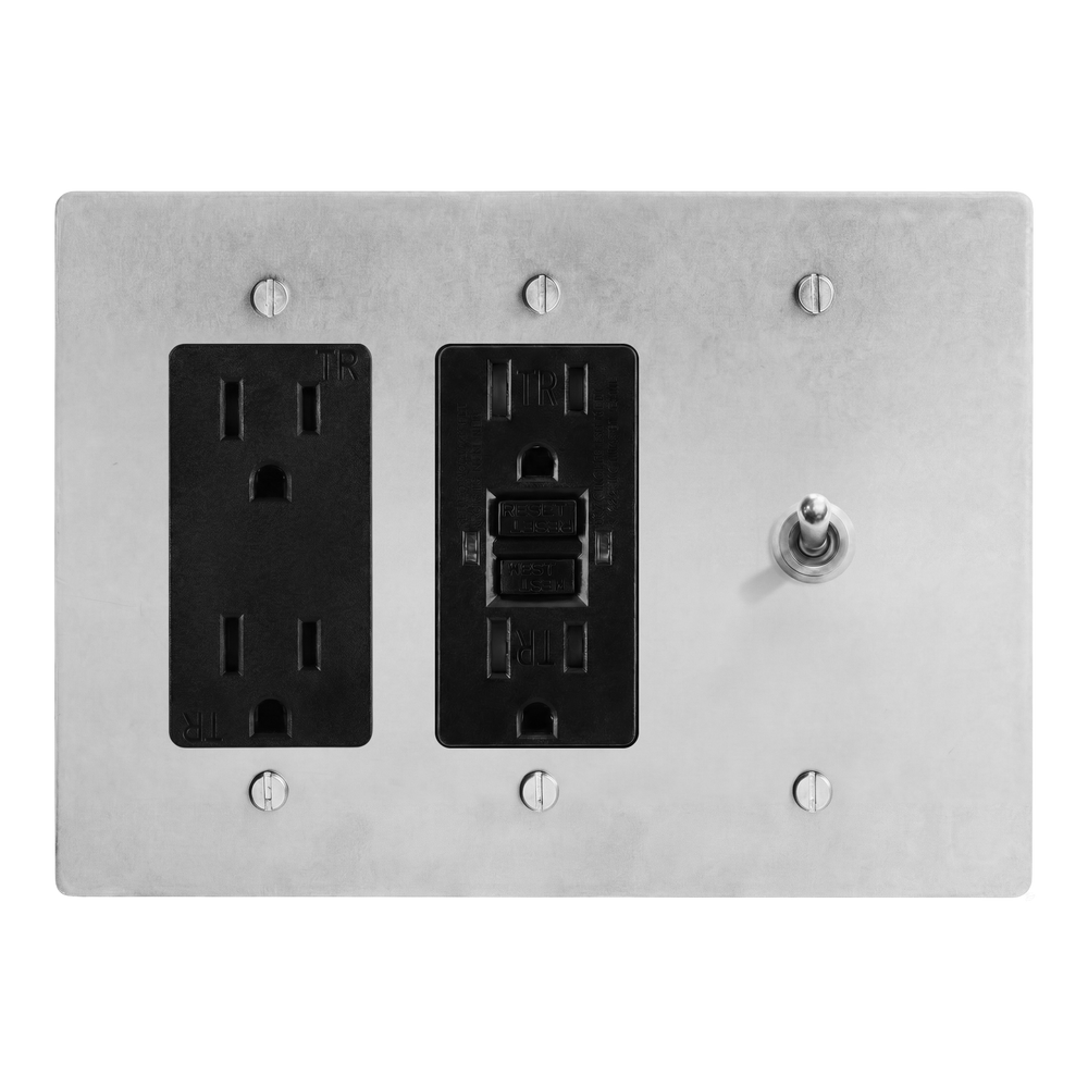 Satin Nickel 3-Gang Duplex Outlet, GFCI Outlet & Vintage Toggle Switch Plate in Black
