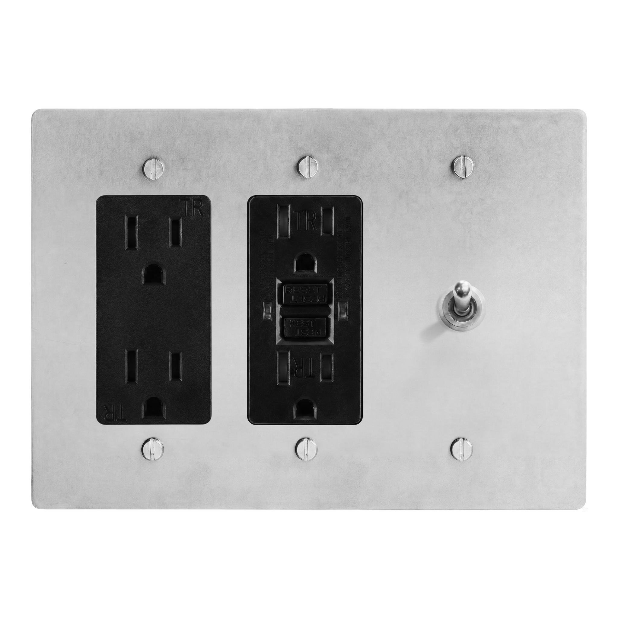 Satin Nickel 3-Gang Duplex Outlet, GFCI Outlet & Vintage Toggle Switch Plate in Black