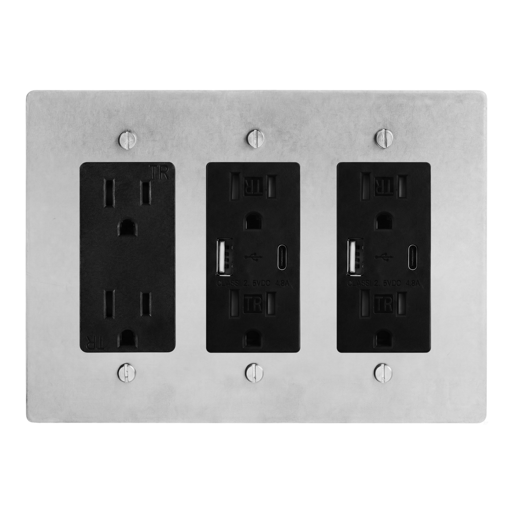 Satin Nickel 3-Gang Duplex Outlet, USB Outlet & USB Outlet Switch Plate in Black