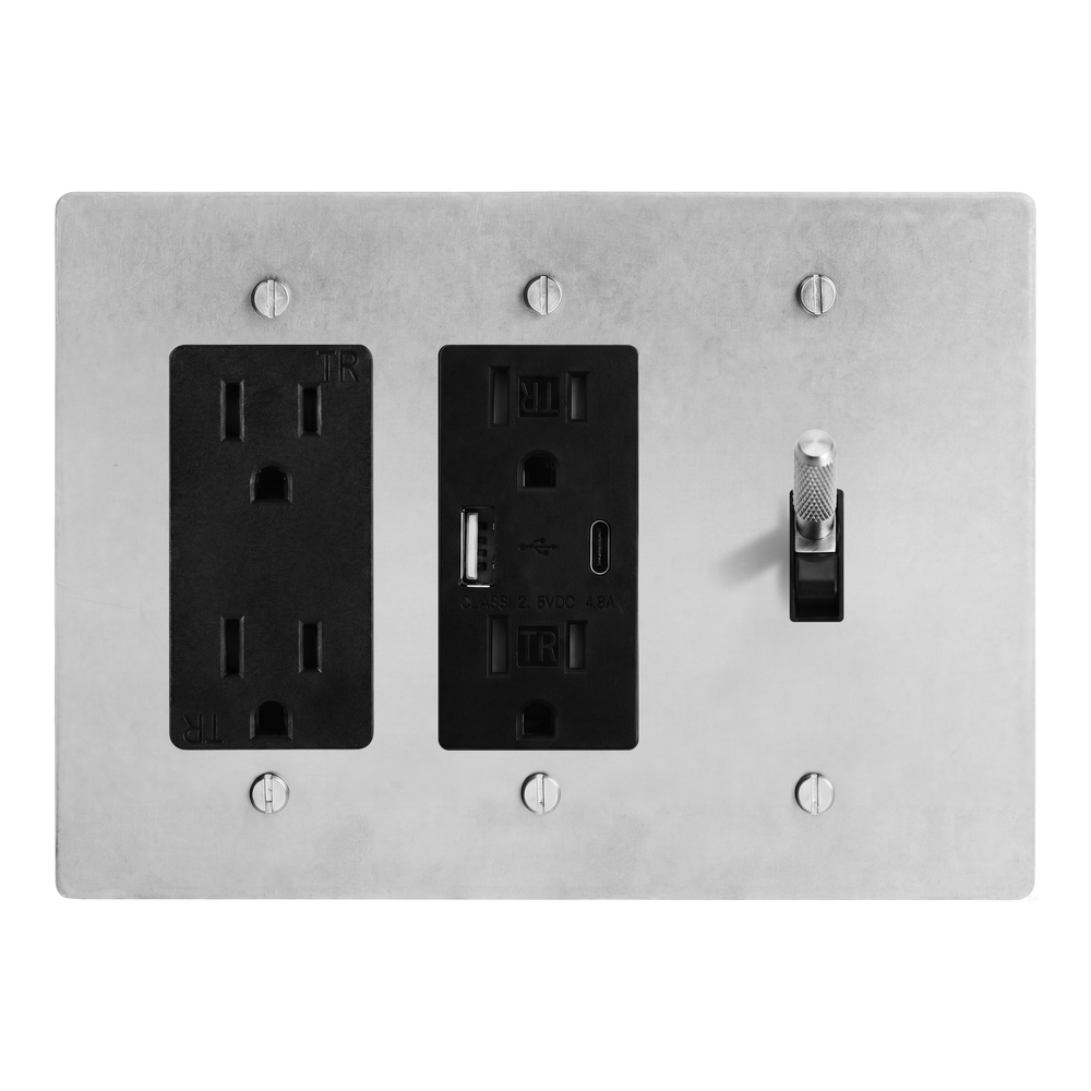 Satin Nickel 3-Gang Duplex Outlet, USB Outlet & Toggle Switch Plate in Black